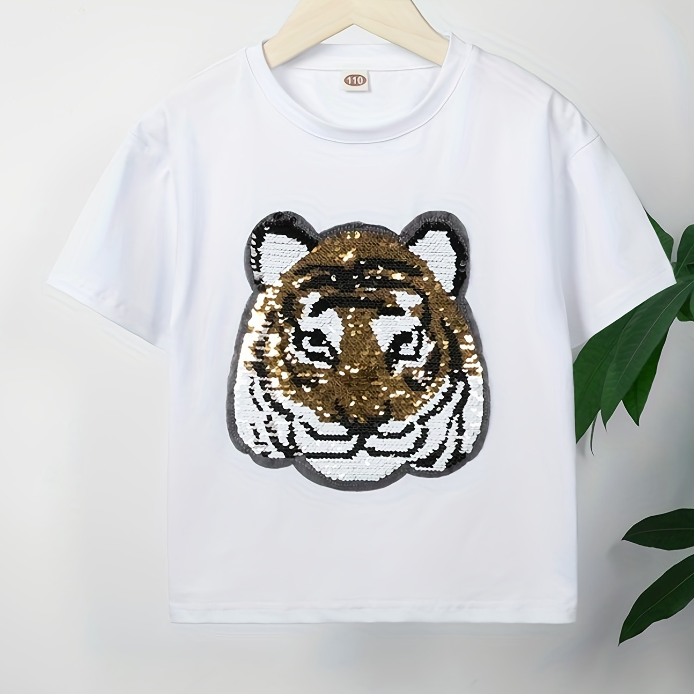 

Fancy Sequin Tiger Pattern Boys Crew Neck T-shirt Lighweight & Comfortable Fit Short Sleeve Tee Top For Youth Kid