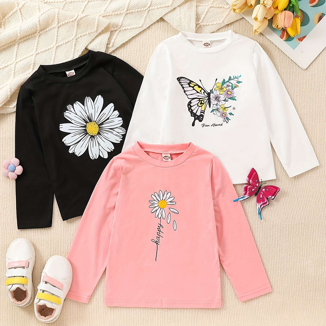 

Daisies & Butterfly Graphic Print, Girls 3pcs/set Comfy & Breathable Long Sleeve Cotton T-shirts For Spring & Fall, Girls Clothes For Outdoors