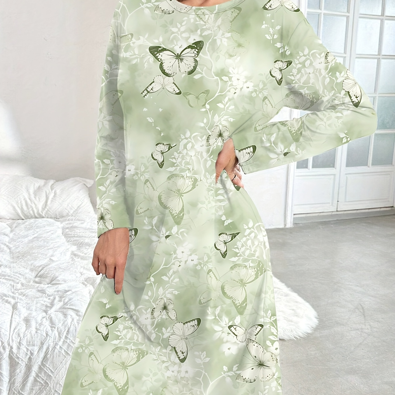 Women'S Long Sleeve Butterfly Print Night Dress