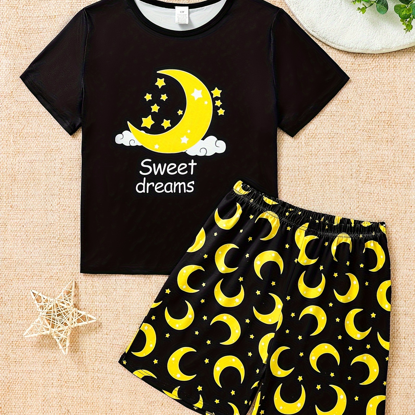 

2-piece Teen Boys Summer Pajama Set, Casual Style Letter Moon & Stars Graphic Short Sleeve T-shirt & Matching Shorts, Loungewear Outfit