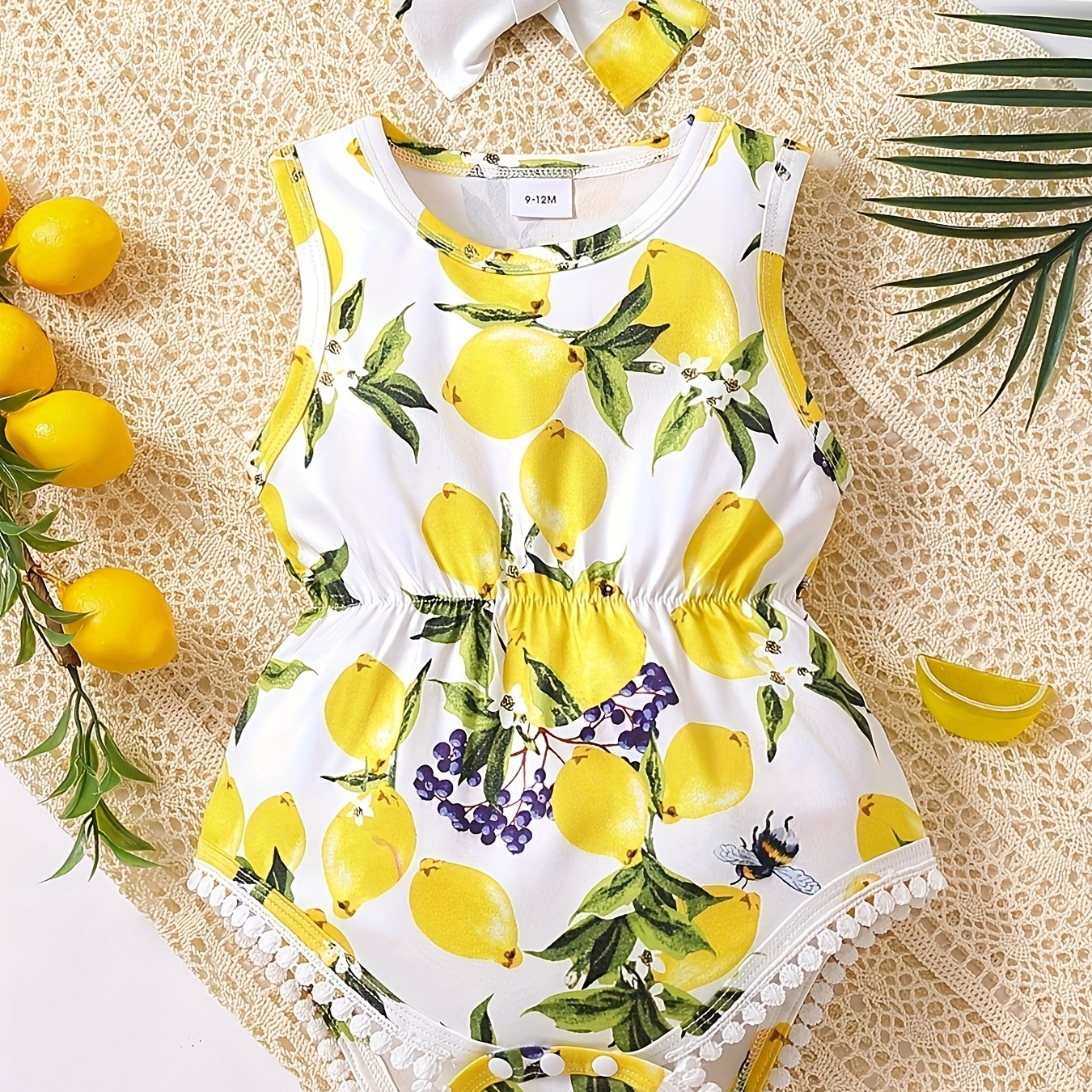 

Baby's Cartoon Lemon Pattern Triangle Bodysuit & Hairband, Comfy Sleeveless Romper, Toddler & Infant Girl's Onesie For Summer, As Gift