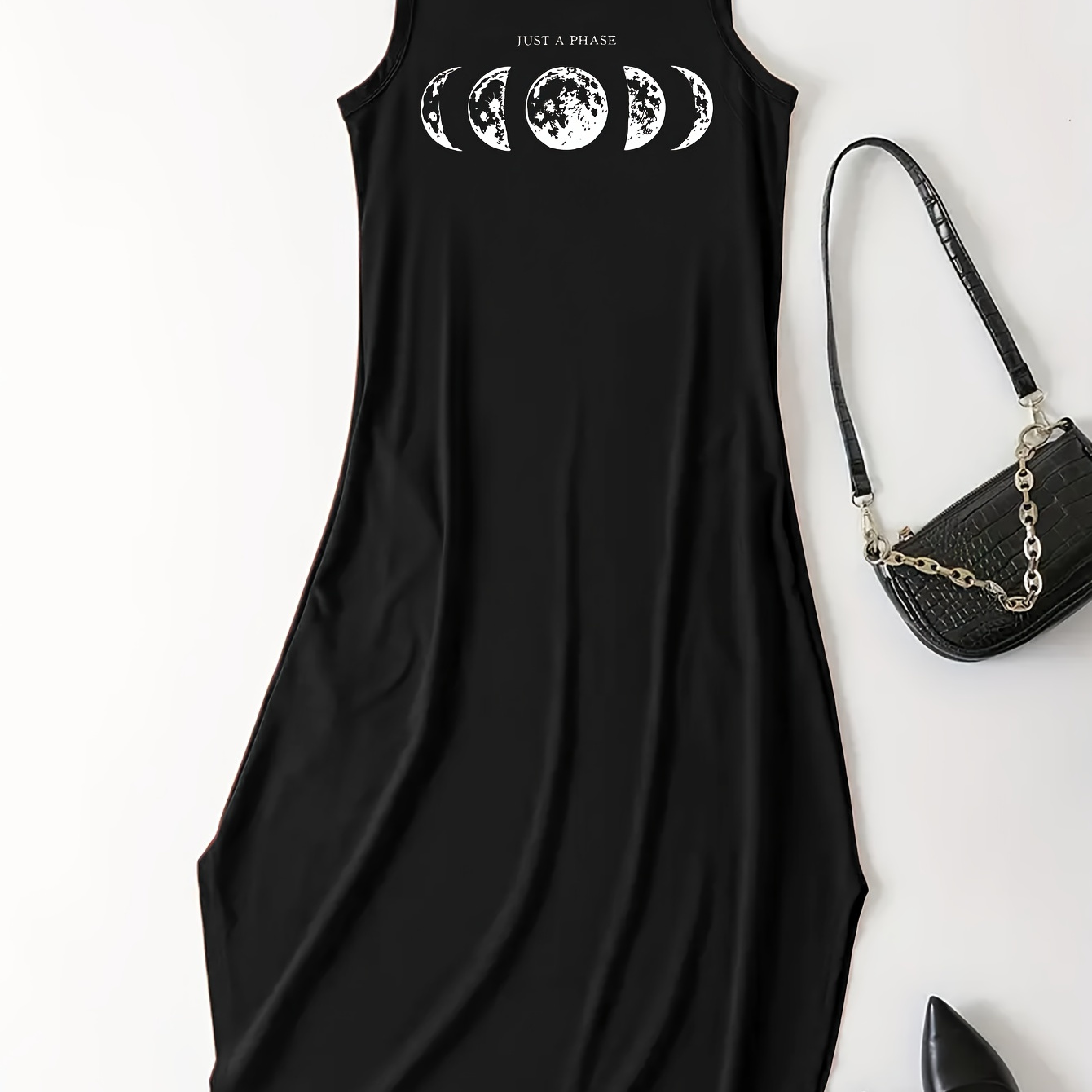 

Moon Print Dress, Casual Crew Neck Sleeveless Maxi Dress, Women's Clothing