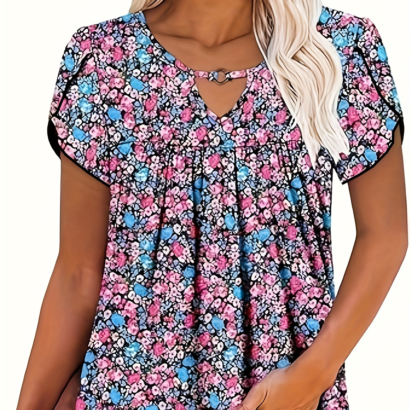 

Floral Print Cut Out Blouse, Casual Petal Sleeve Blouse For Spring & Summer, Women's Clothing
