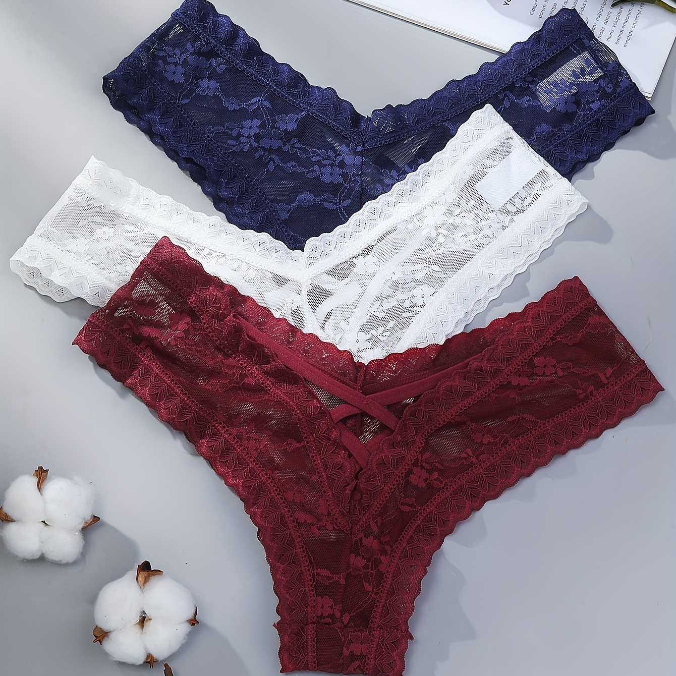 

3pcs Floral Lace Criss Cross Briefs, Comfy Breathable Stretchy Intimates Panties, Women's Lingerie & Underwear