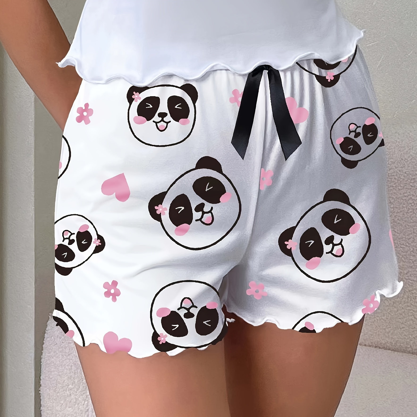 

Lady's Pajama Shorts With Bow: Cute Panda Design, Polyester Blend, Adult Size, Sleepwear