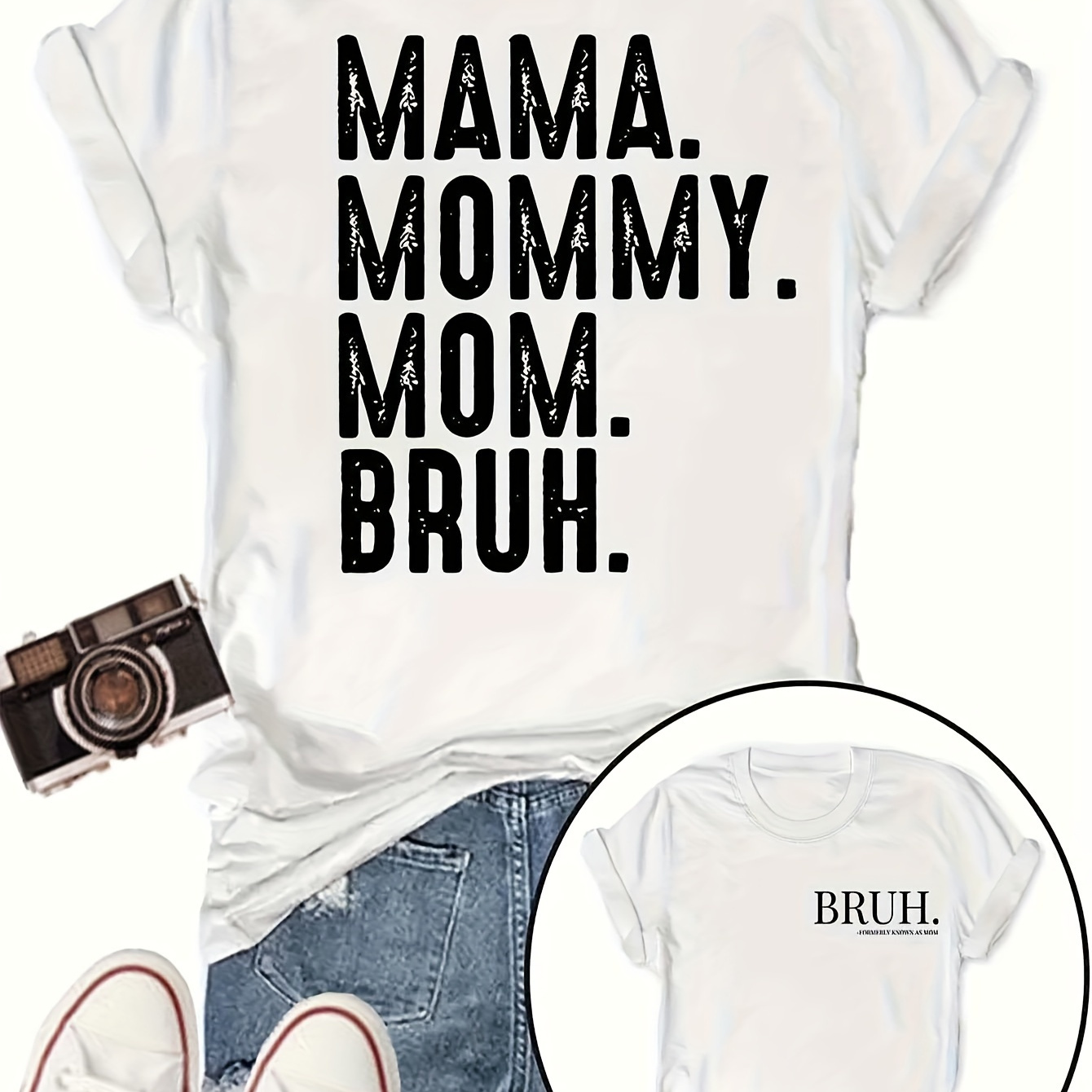 

Mama Mommy Mom Bruh Letter Print T-shirt, Casual Crew Neck Short Sleeve Top For Spring & Summer, Women's Clothing