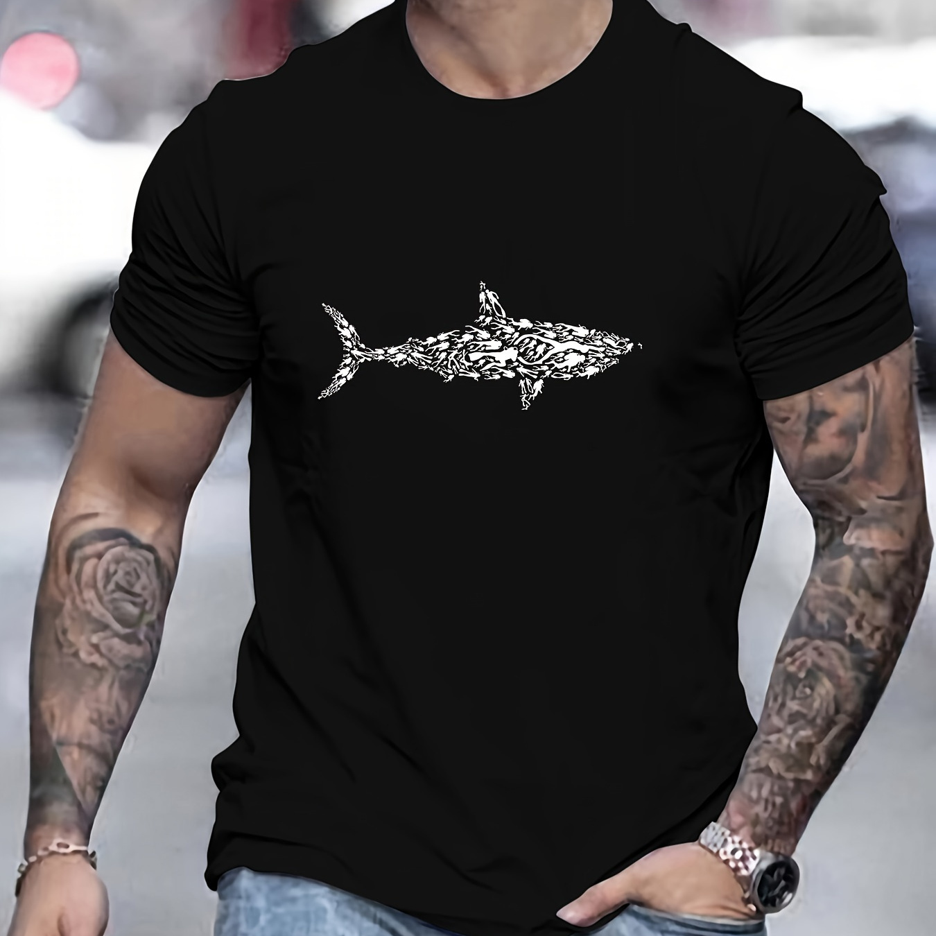 

Men's Shark Print Short Sleeve T-shirts, Comfy Casual Elastic Crew Neck Tops For Men's Outdoor Activities