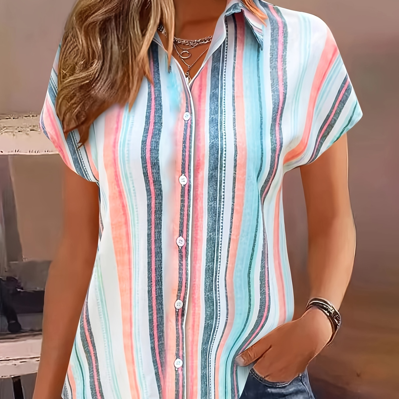 

Chemise à boutons à imprimé rayé, chemise décontractée à manches courtes pour le printemps et l'été, vêtements pour femmes