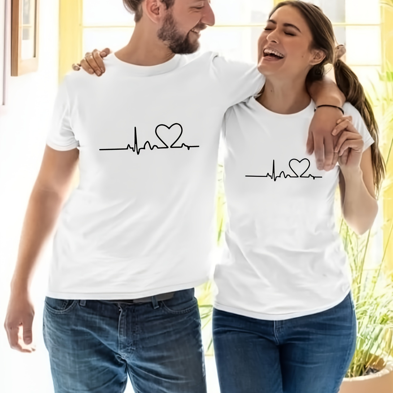 

Heart And Wavy Line Graphic Print, Men's Novel Graphic Design T-shirt, Casual Comfy Tees For Summer, Men's Clothing Tops For Daily Activities, As Gifts For Couple For Valentine's Day