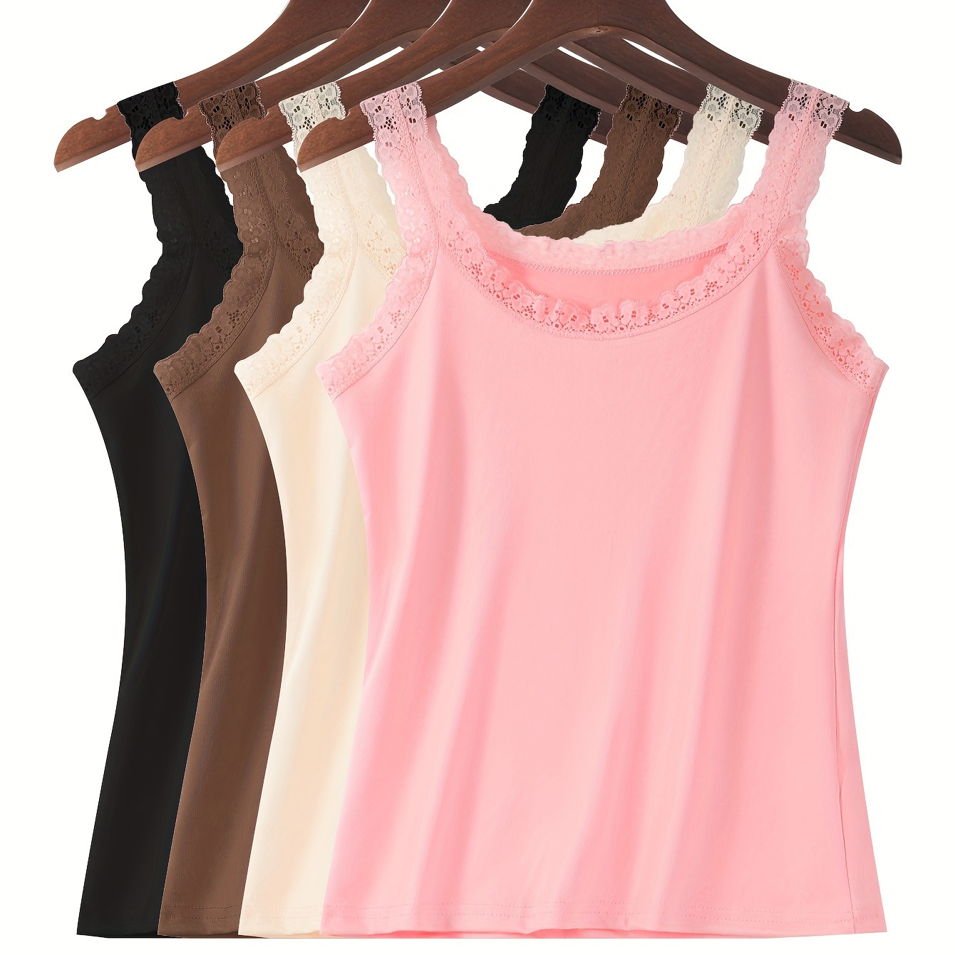 

4pcs Solid Floral Lace Trim Vest Top, Elegant Sleeveless Top, Women's Lingerie & Underwear