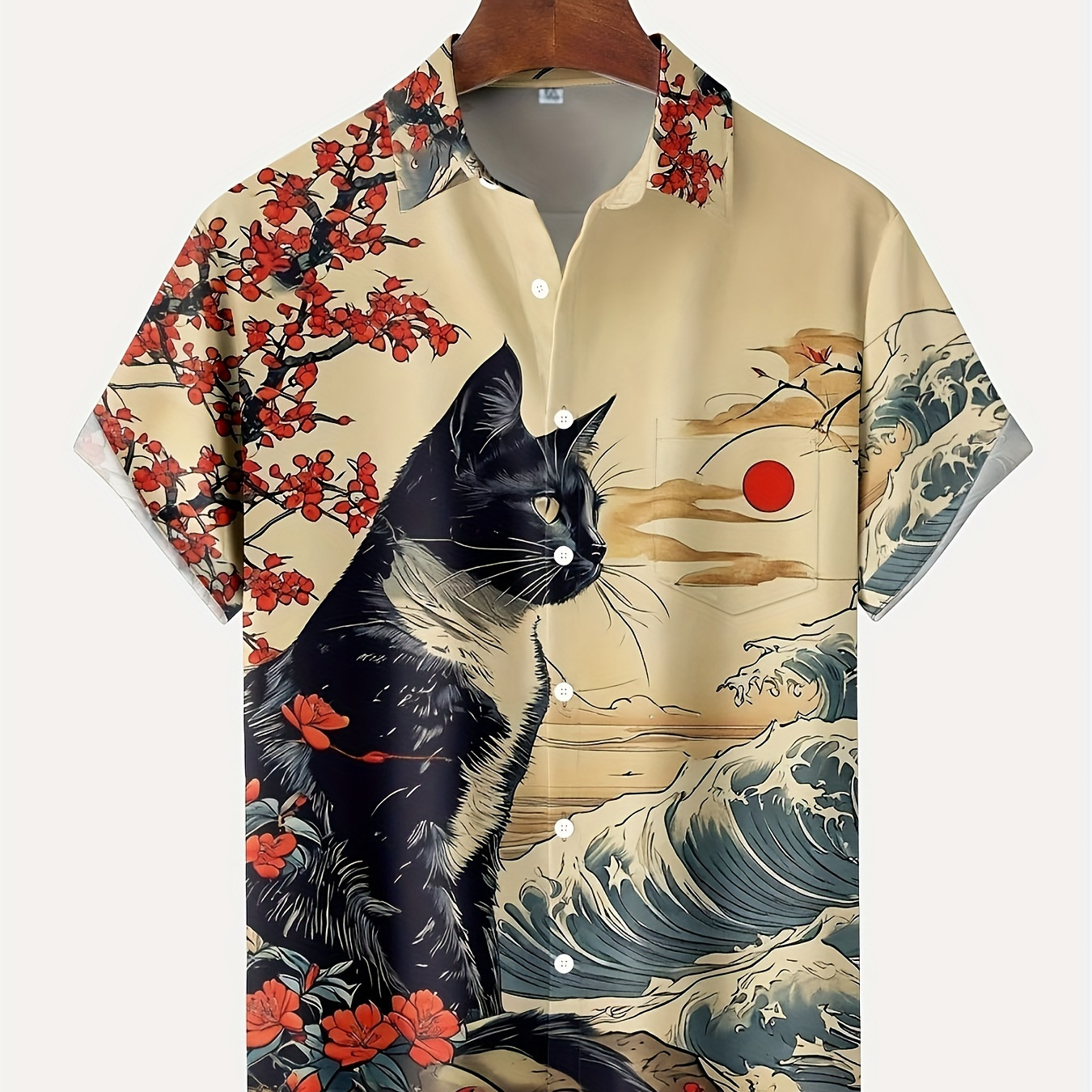 

Japanese Vintage Style Short Sleeve Shirt With Cat And Cherry Print, Polyester 100%, Plus Size