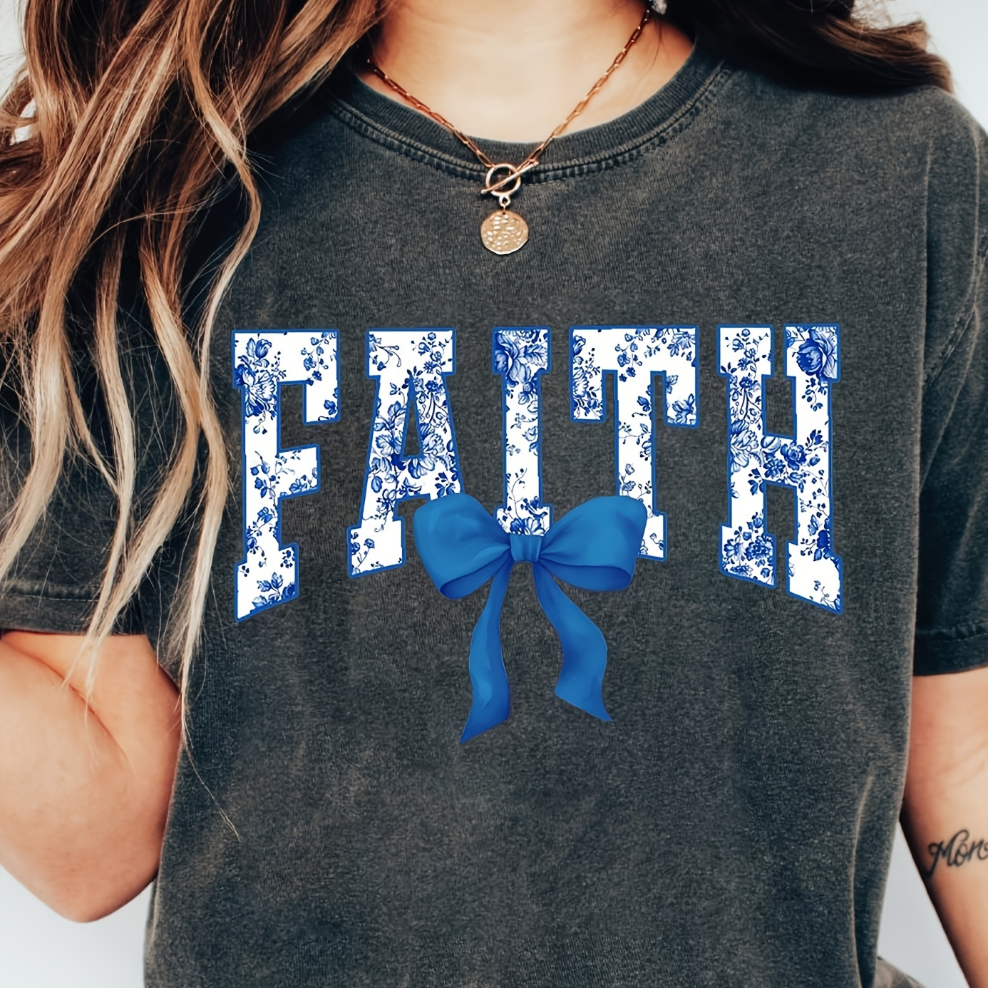 Women's Faith Inspirational T-Shirt with Blue Ribbon Bow - Soft Blend, Casual Crew Neck, Short Sleeve, Christian Gift for Her