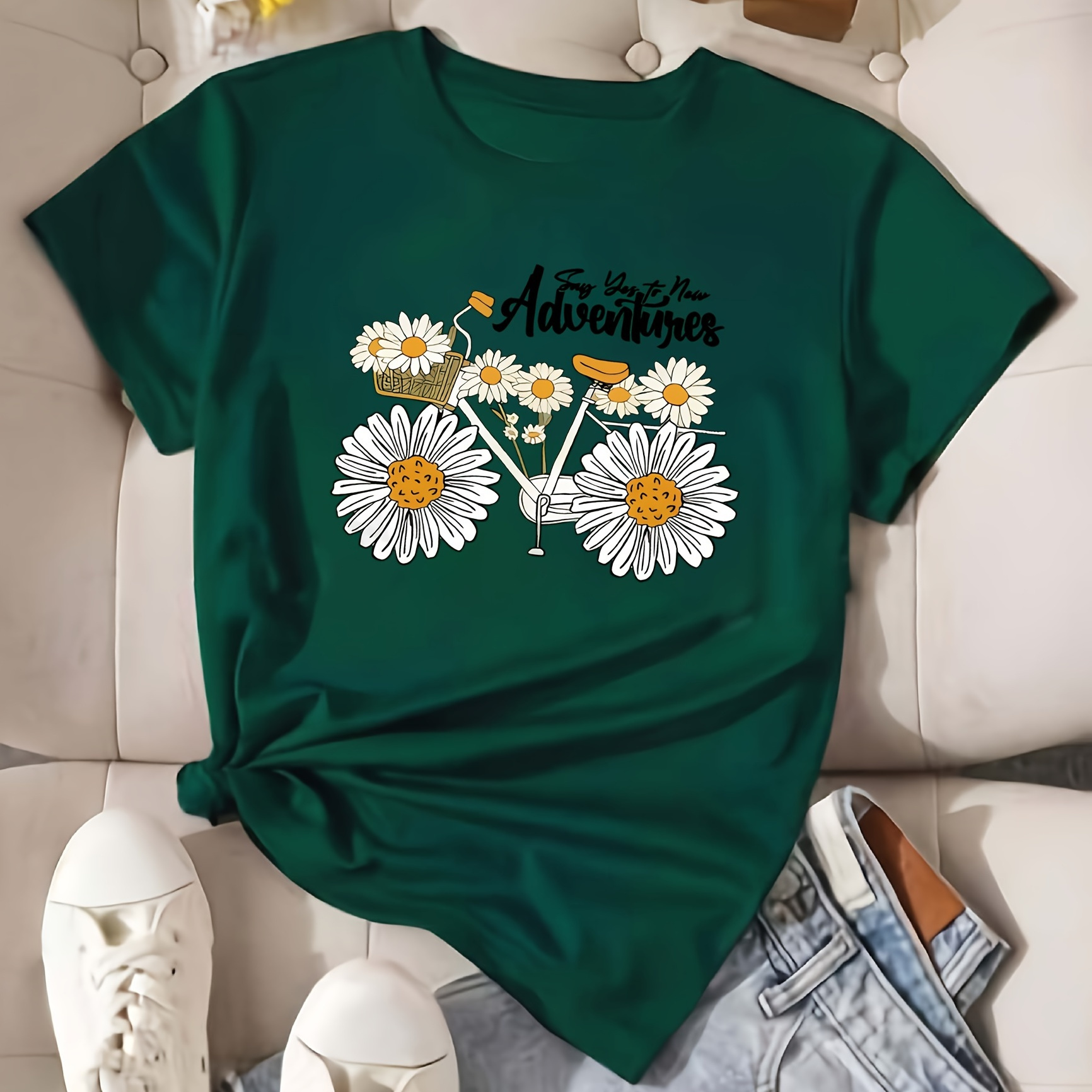 

Floral Print Crew Neck T-shirt, Casual Short Sleeve T-shirt For Spring & Summer, Women's Clothing