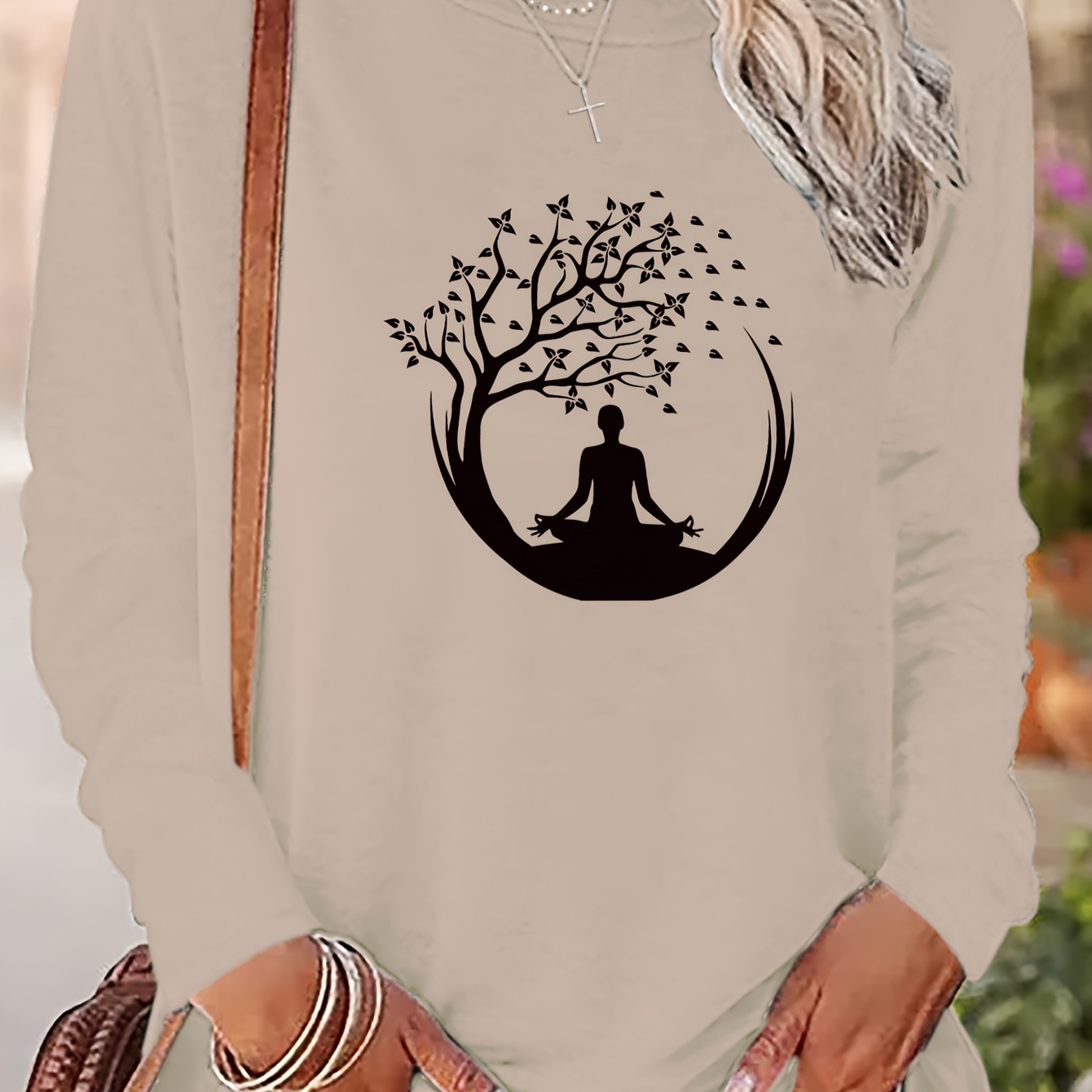 

1pc Women's Casual Crew Neck Long Sleeve T-shirt Tree Applique, Polyester Knit Fabric, Loose Fit Pullover For Spring/fall - X4500