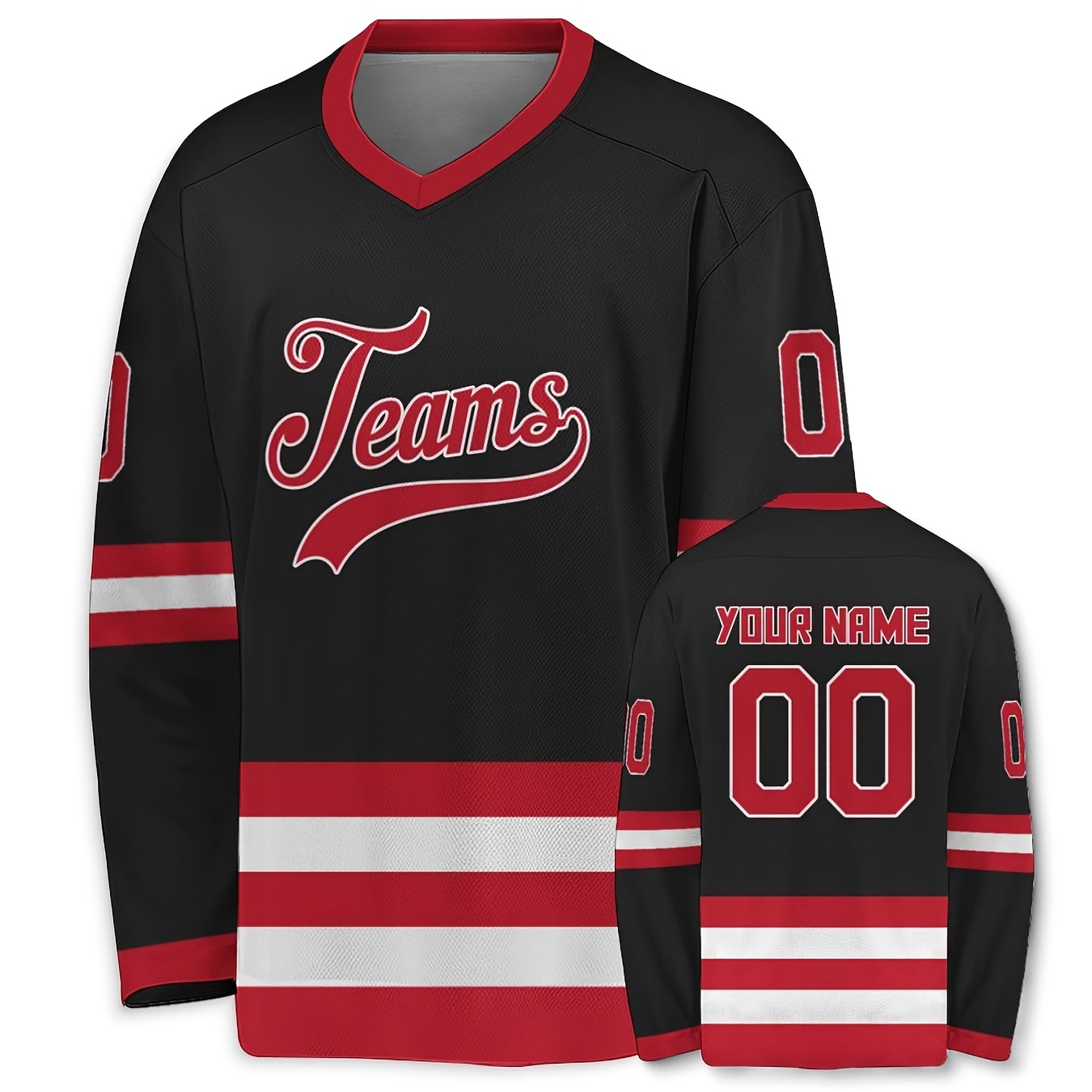 

1pc Customizable Men's Ice Hockey Jersey - Polyester 100% Knit Fabric, V-neck Long Sleeve, Loose Fit, Pattern, Breathable, For Training, Games, Parties, Birthday, Day - S-3xl