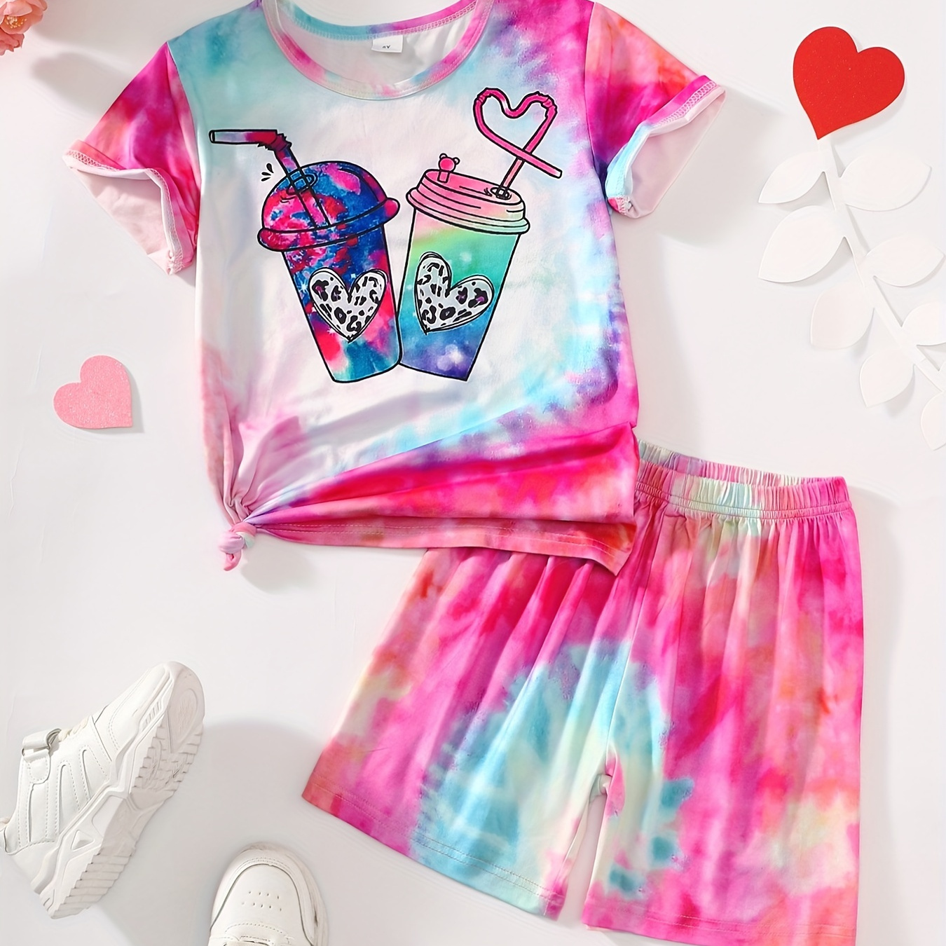 

2 Pcs Girls' Pink Tie Dye Shorts Suit - Drinks Pattern Short Sleeve T Shirt & Shorts Set For Casual Daily Outwear, Kids Clothes For Summer