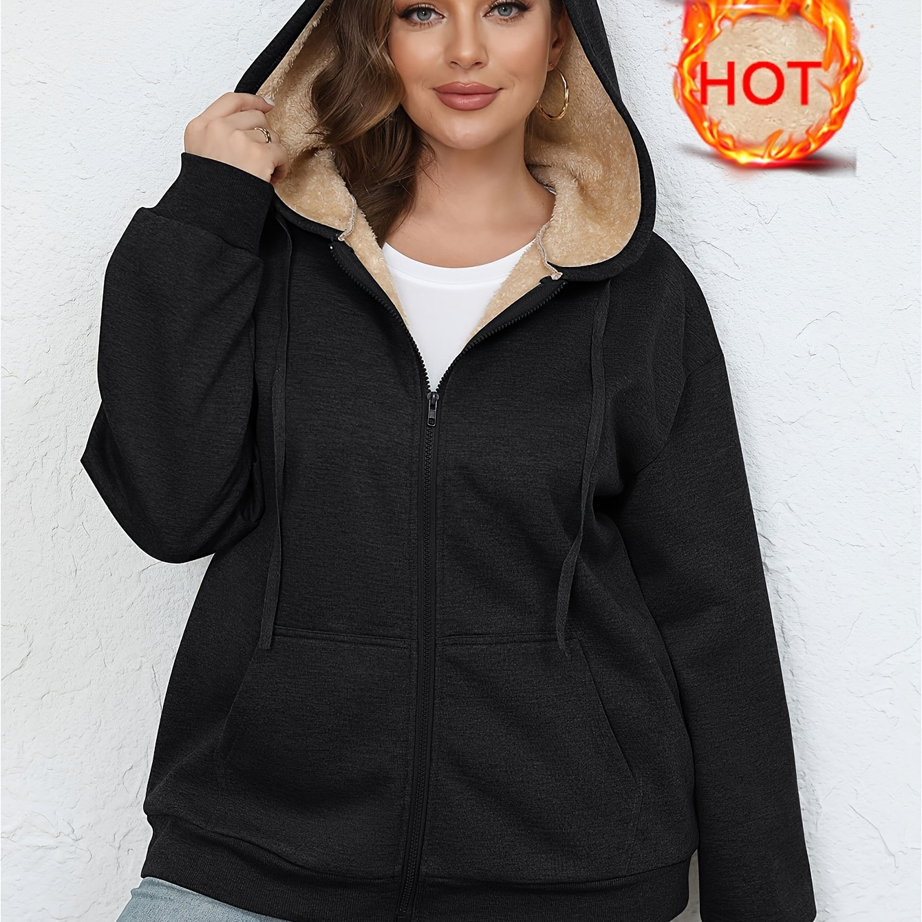 

Women's Plush Warm Sherpa Fleece Lined Hooded Jacket, , Autumn/winter Outerwear With Pockets