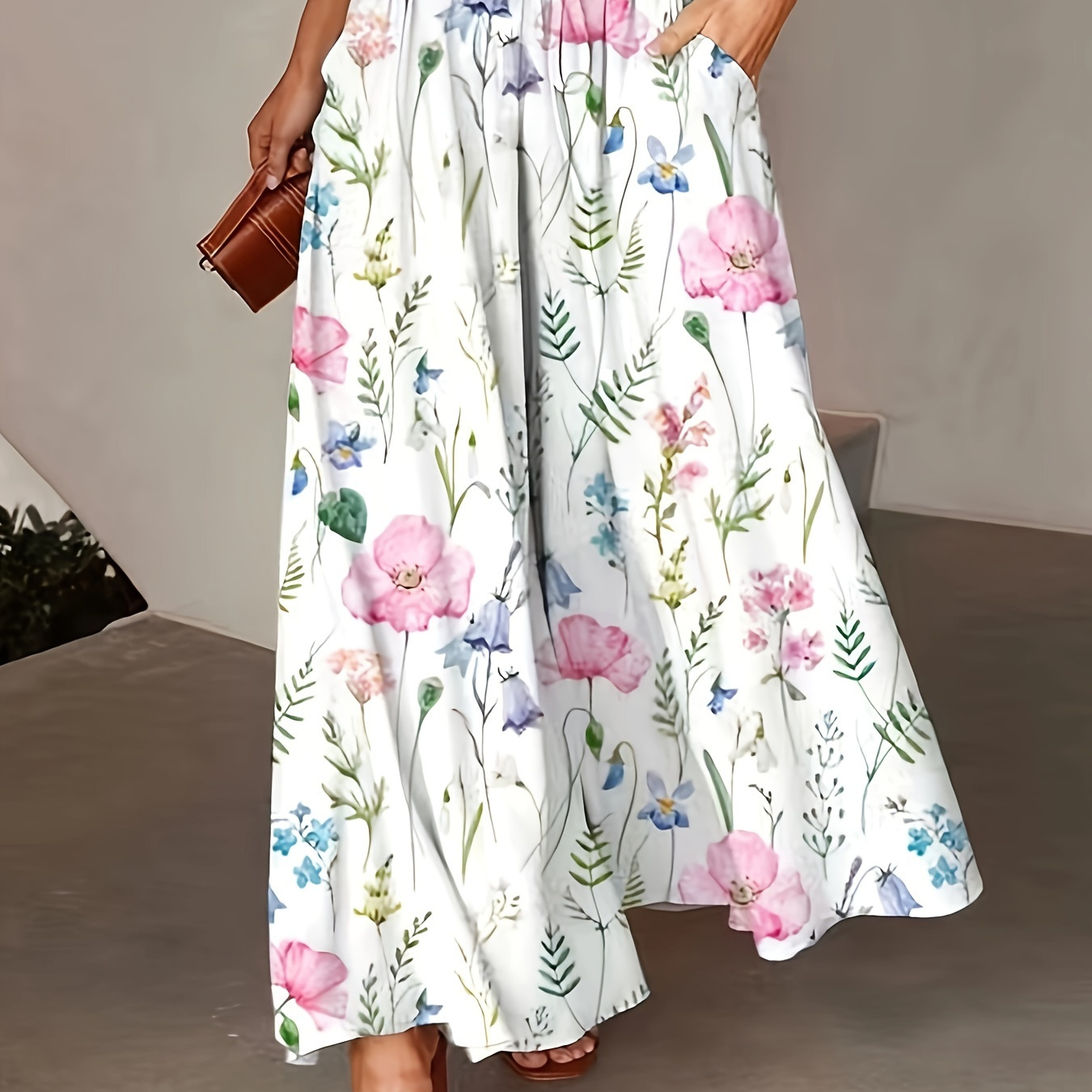 

Plus Size Floral Print Wide Leg Pants, Elegant Loose Lettuce Trim Bow Decor Waist Pants, Women's Plus Size Clothing