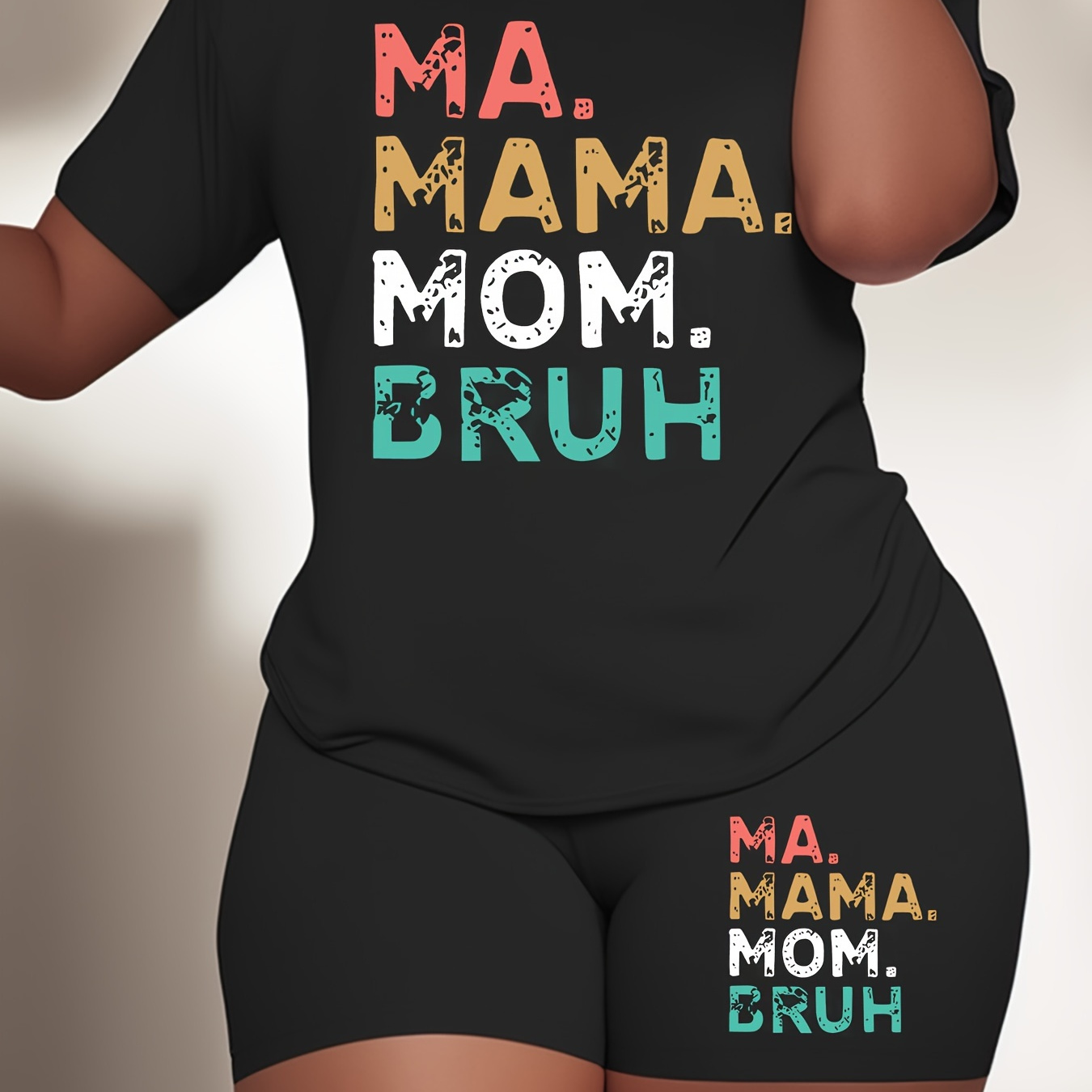 

Women's Plus Size Sport Casual 2-piece Set, Short Sleeve T-shirt & Shorts, "ma. Mama. Mom. Bruh" Graphic Print, Comfort Fit Loungewear