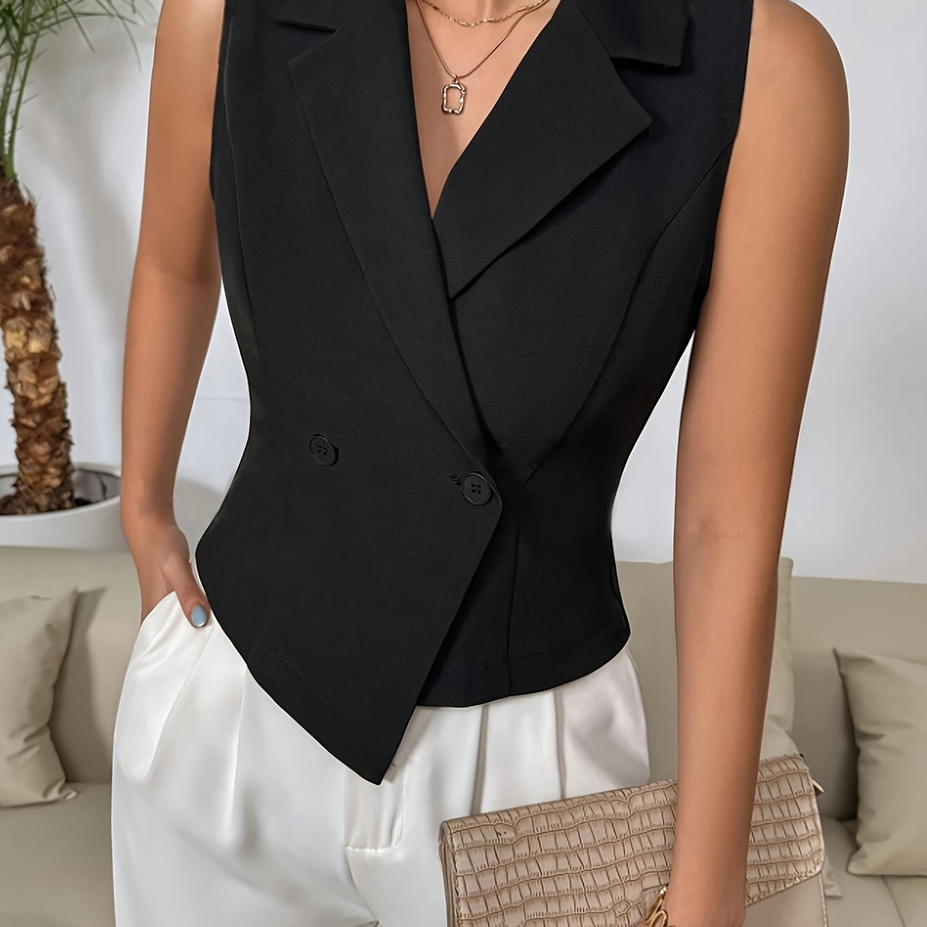 

Notched Collar Button Front Vest, Elegant Solid Color Sleeveless Vest For Spring & Fall, Women's Clothing
