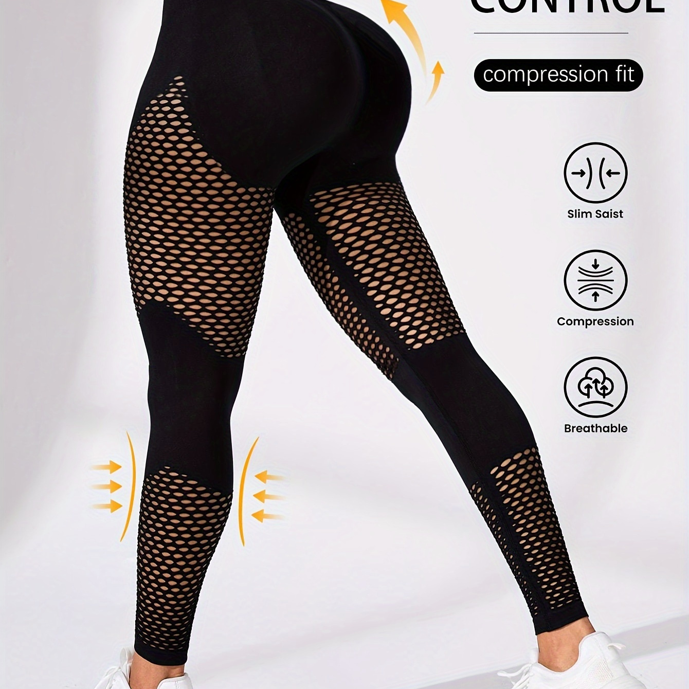 

Women's Mesh Panel, High-waist Compression Yoga Pants – Tummy Control, Breathable, Knitted Fabric, Hollow Design, Solid Color