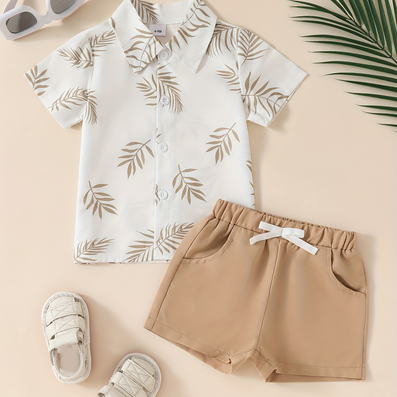 

Toddler Baby Boy's 2-piece Outfit, Casual Beach Vacation Style, Short Sleeve Shirt & Shorts Set, Tropical Leaf Print Summer Holiday Clothing