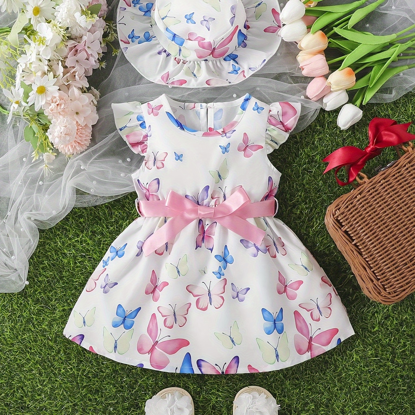 

Baby's Colorful Butterfly Pattern Dress & Hat, Lovely Casual Cap Sleeve Dress, Infant & Toddler Girl's Clothing For Summer/spring, As Gift