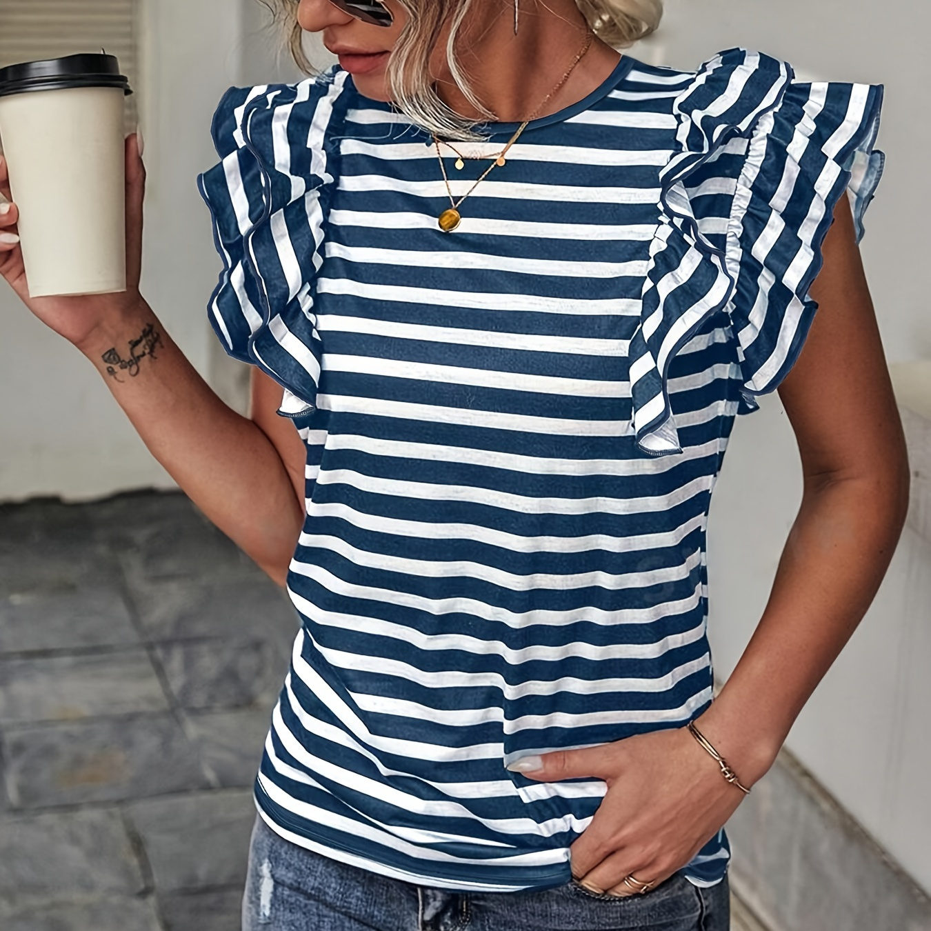 

Striped Print Layered Ruffle Trim T-shirt, Casual Crew Neck T-shirt For Spring & Summer, Women's Clothing