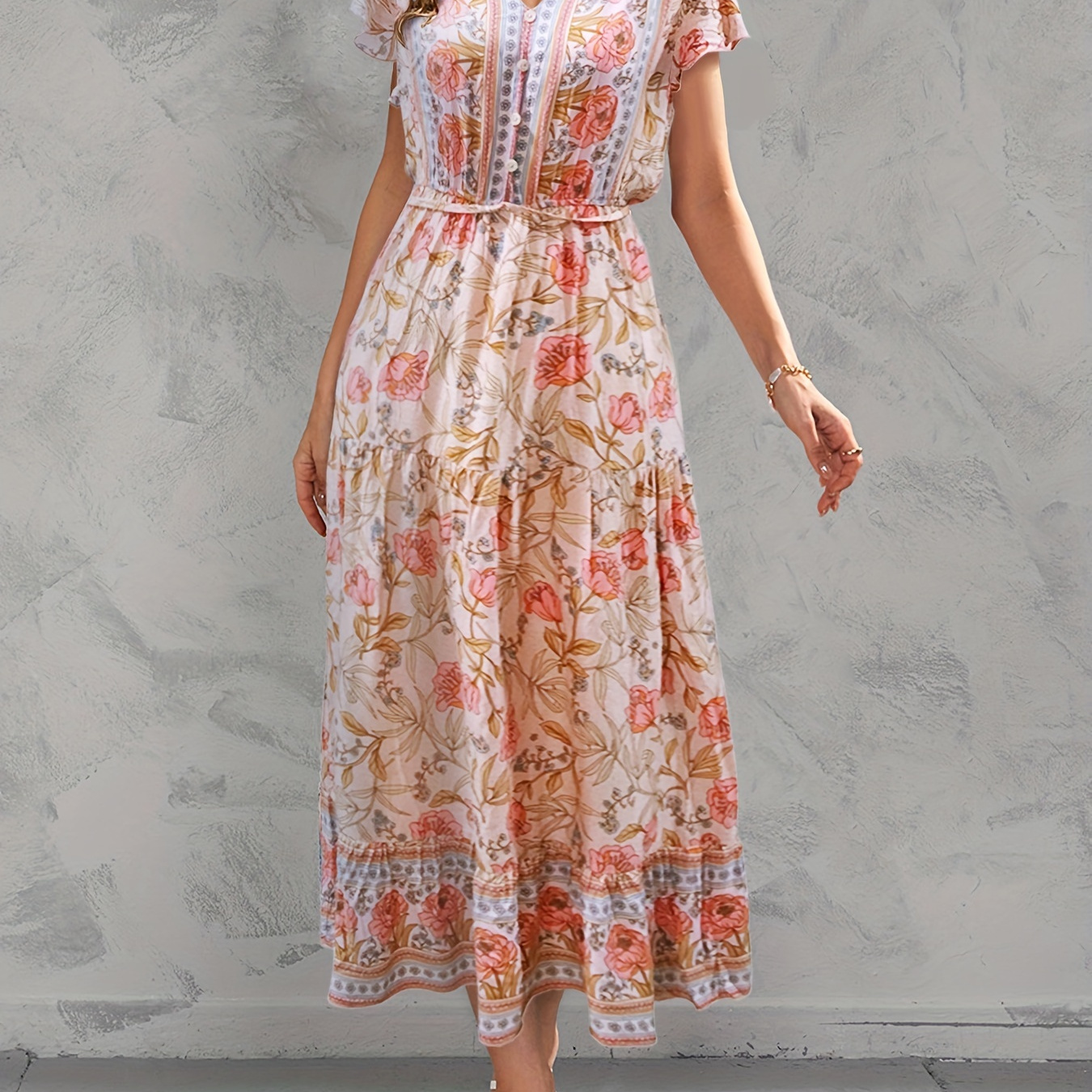 

Floral Print Ruffle Hem Dress, Boho Casual Short Sleeve Dress For Spring & Summer, Women's Clothing