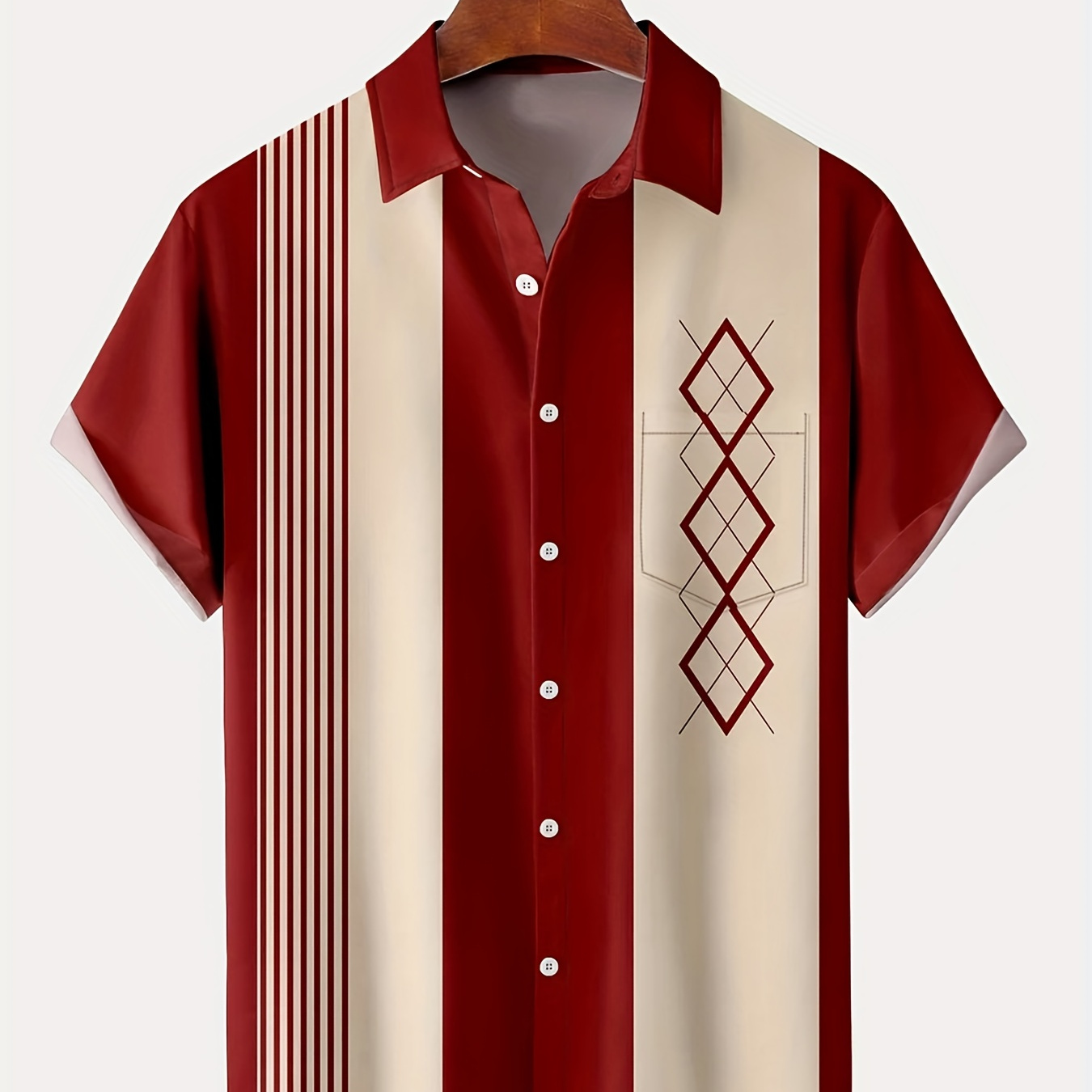

Vintage Bowling Geometric Graphic Print Fashion Hawaiian Shirt, Comfy Men's Button Up Shirt With Pocket, Plus Size Men Clothes
