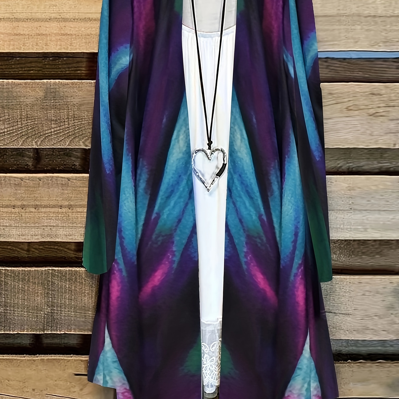 

Plus Size Casual Coat, Women's Plus Random Print Long Sleeve Open Front Slight Stretch Cardigan