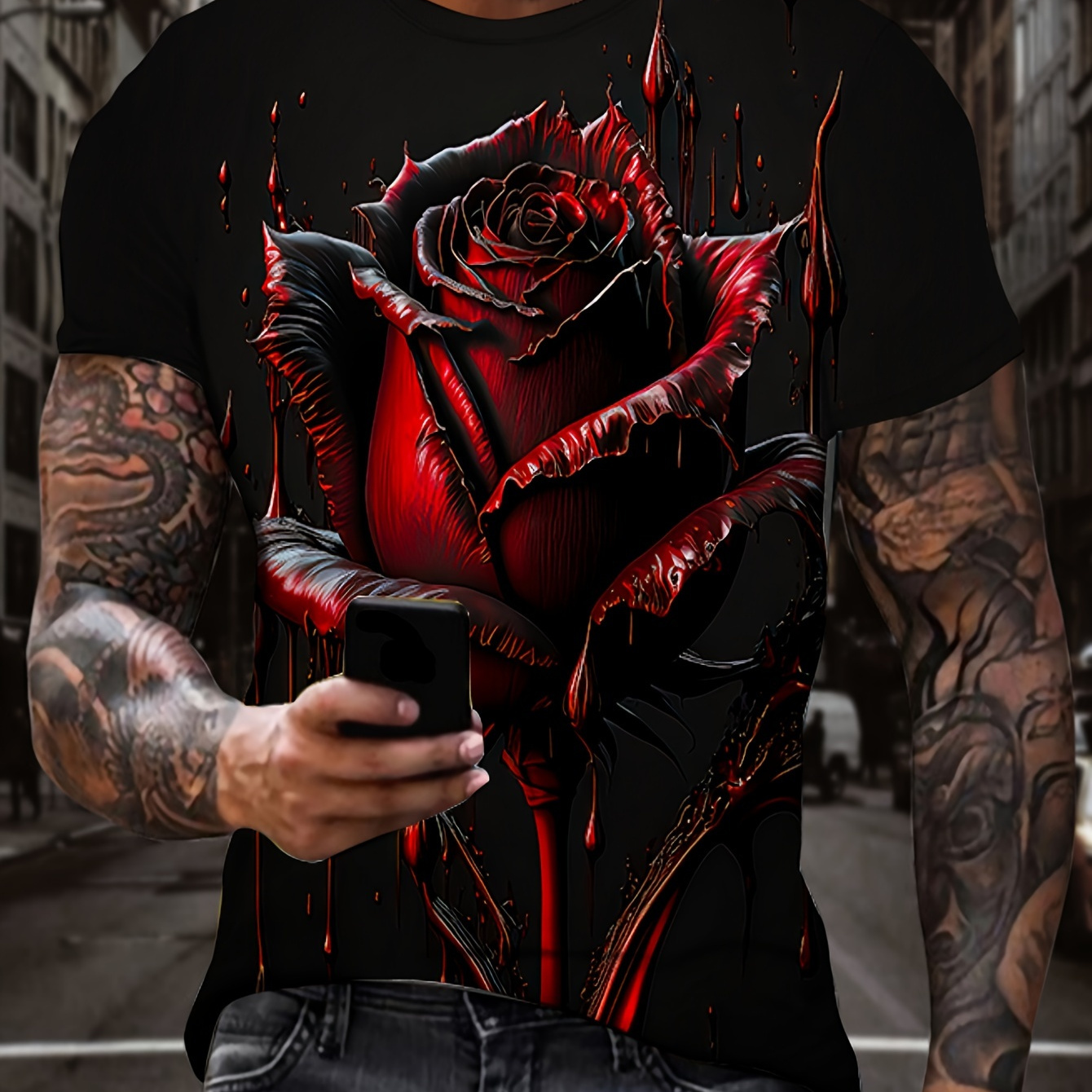 

Novelty Red Rose 3d Printed Crew Neck Short Sleeve T-shirt For Men, Casual Summer T-shirt For Daily Wear And Vacation Resorts