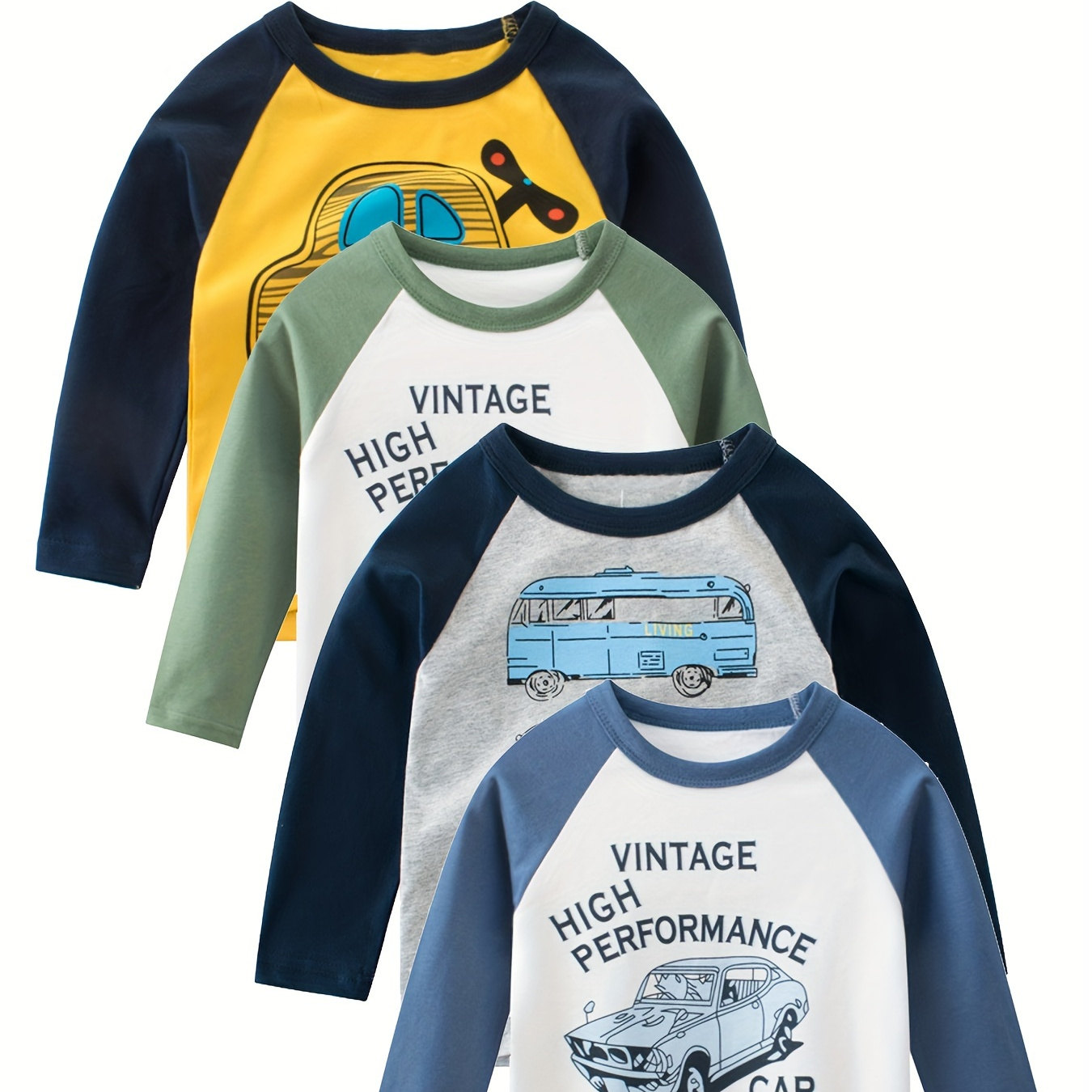 

4pcs Boys Cartoon Vehicle Creative Colorblock Long Sleeve T-shirt, Casual Lightweight Comfy Tops, Boys Clothes Outdoor