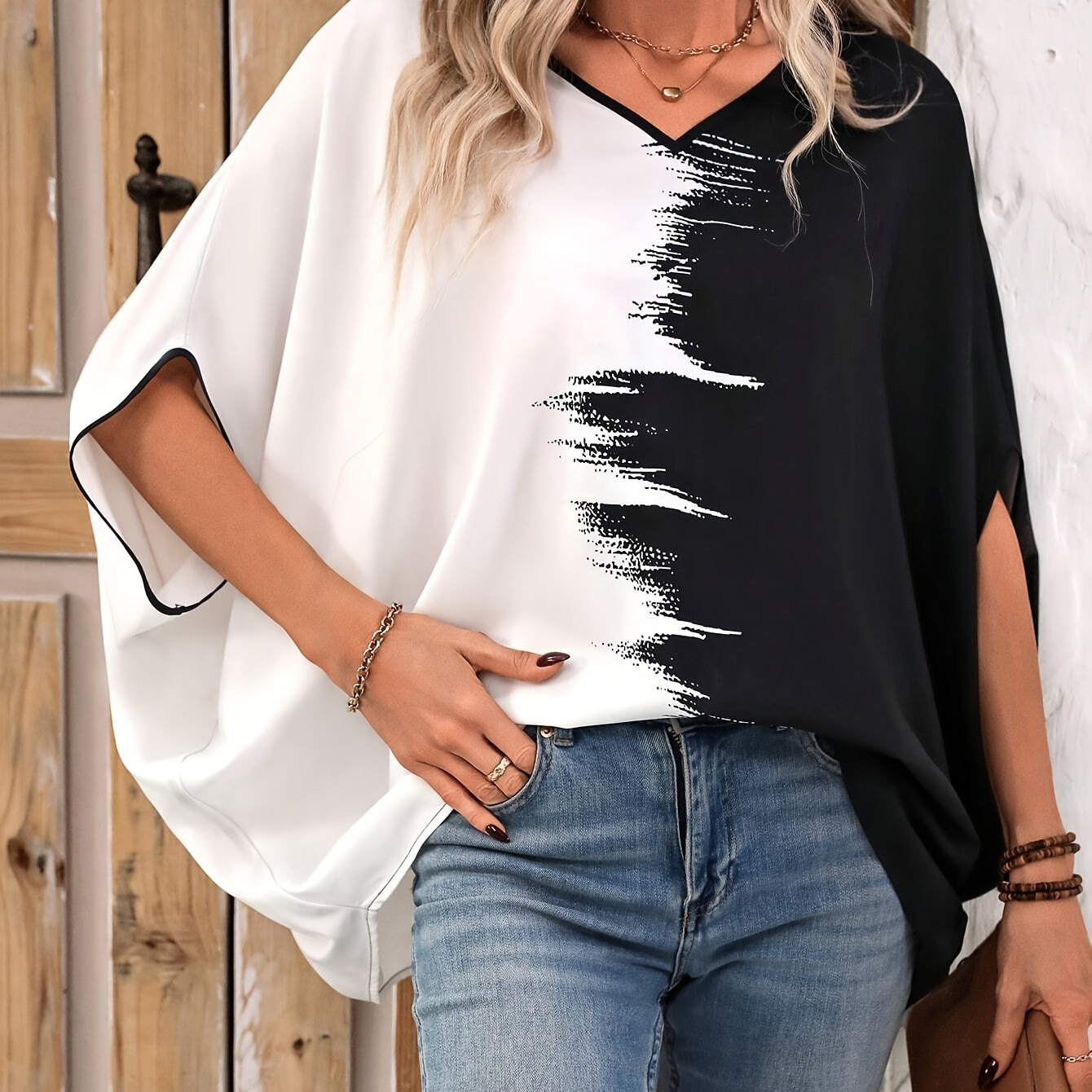 

Color Block V-neck T-shirt, Casual Batwing Sleeve Top For Spring & Summer, Women's Clothing