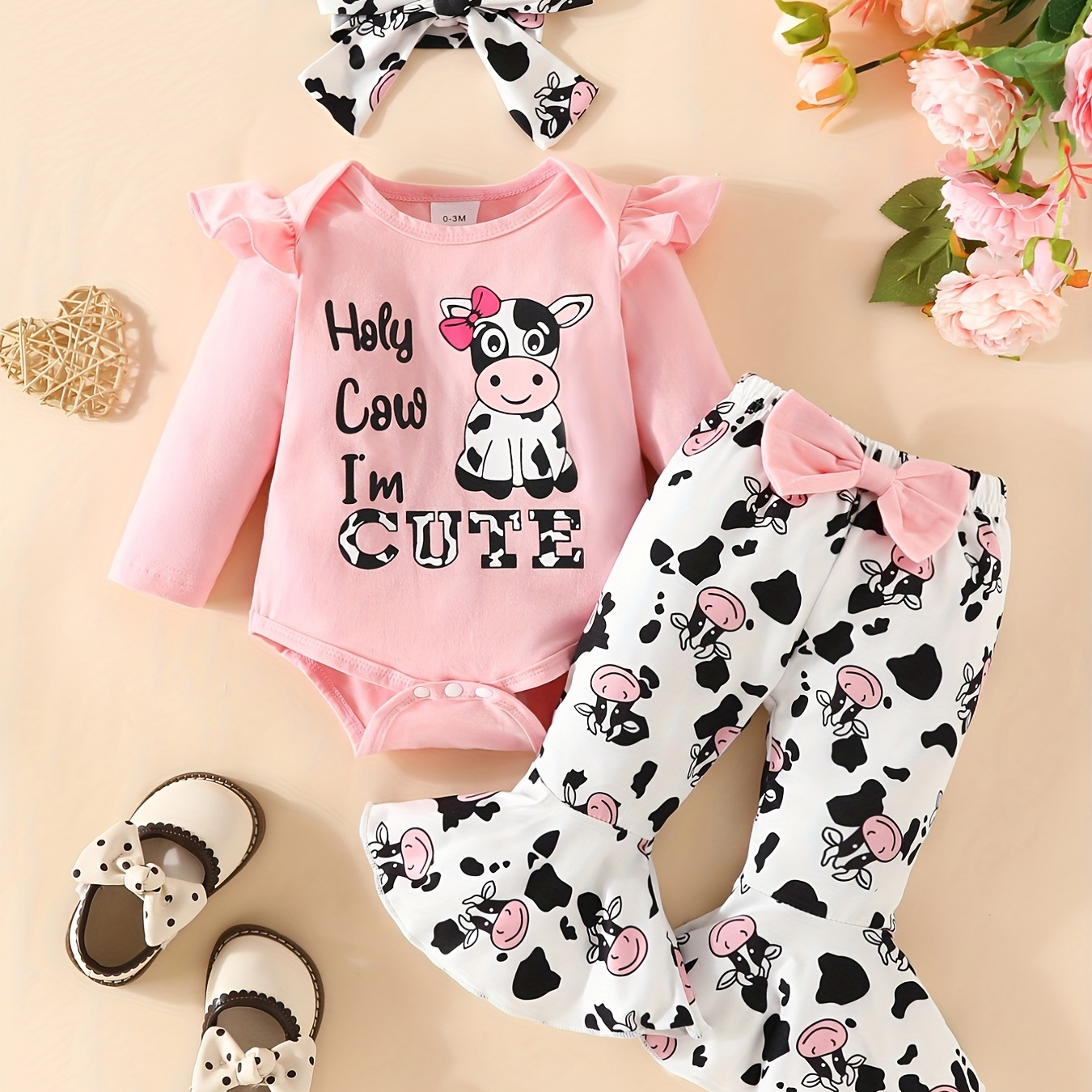 

Cute Cow Print Outfit - Long Sleeve Flutter Sleeve Infant Romper + Bowknot Flared Trousers + Headband Baby Girls 3pcs Set