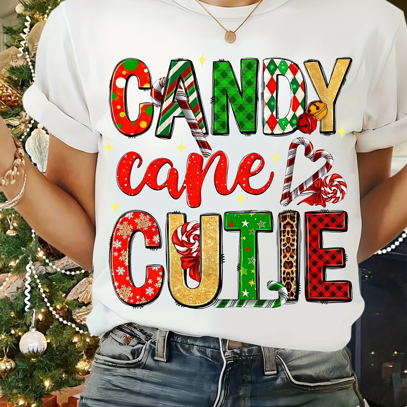 

Candy Cane Cutie Christmas Tee - Women's Casual Short Sleeve, Crew Neck Top With Print, Breathable Polyester