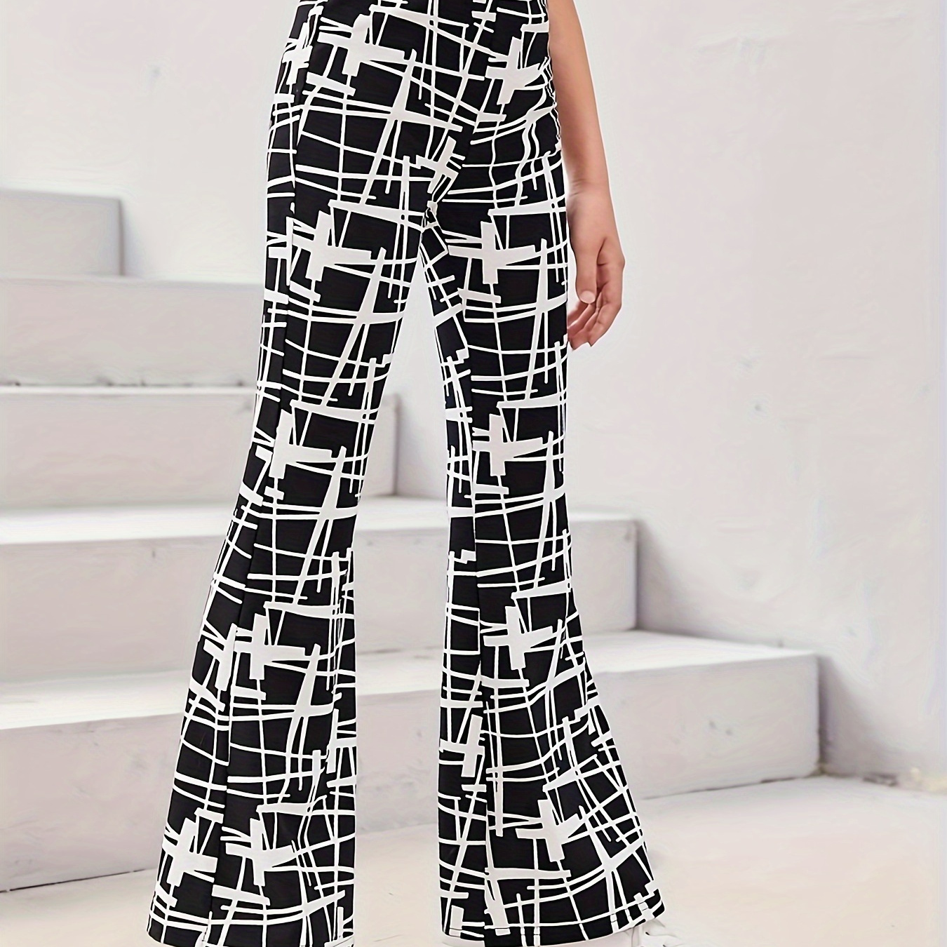 

Girls Chic Lines Full Print Fashion Simple Flared Pants, Slim Fit Breathable Yoga Trousers