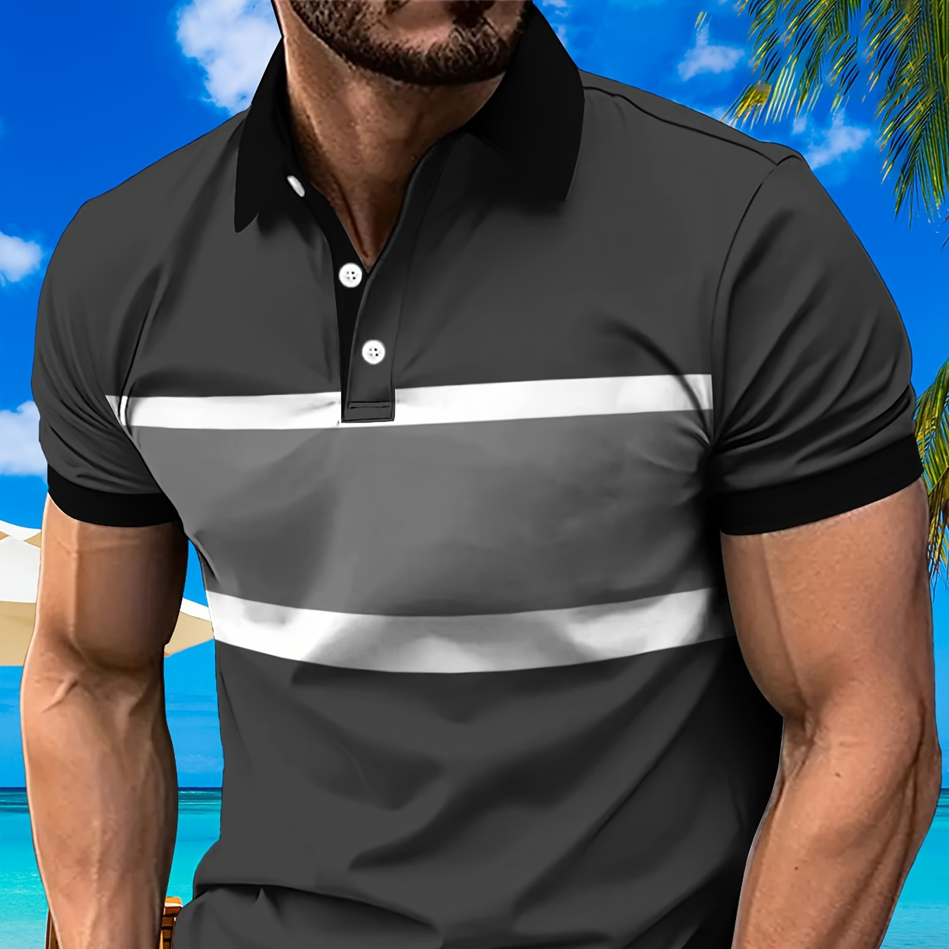 

Men's Striped Design Short Sleeve Lapel Golf Shirts, Stretch Regular Fit Summer Tops, Summer Golf Shirts