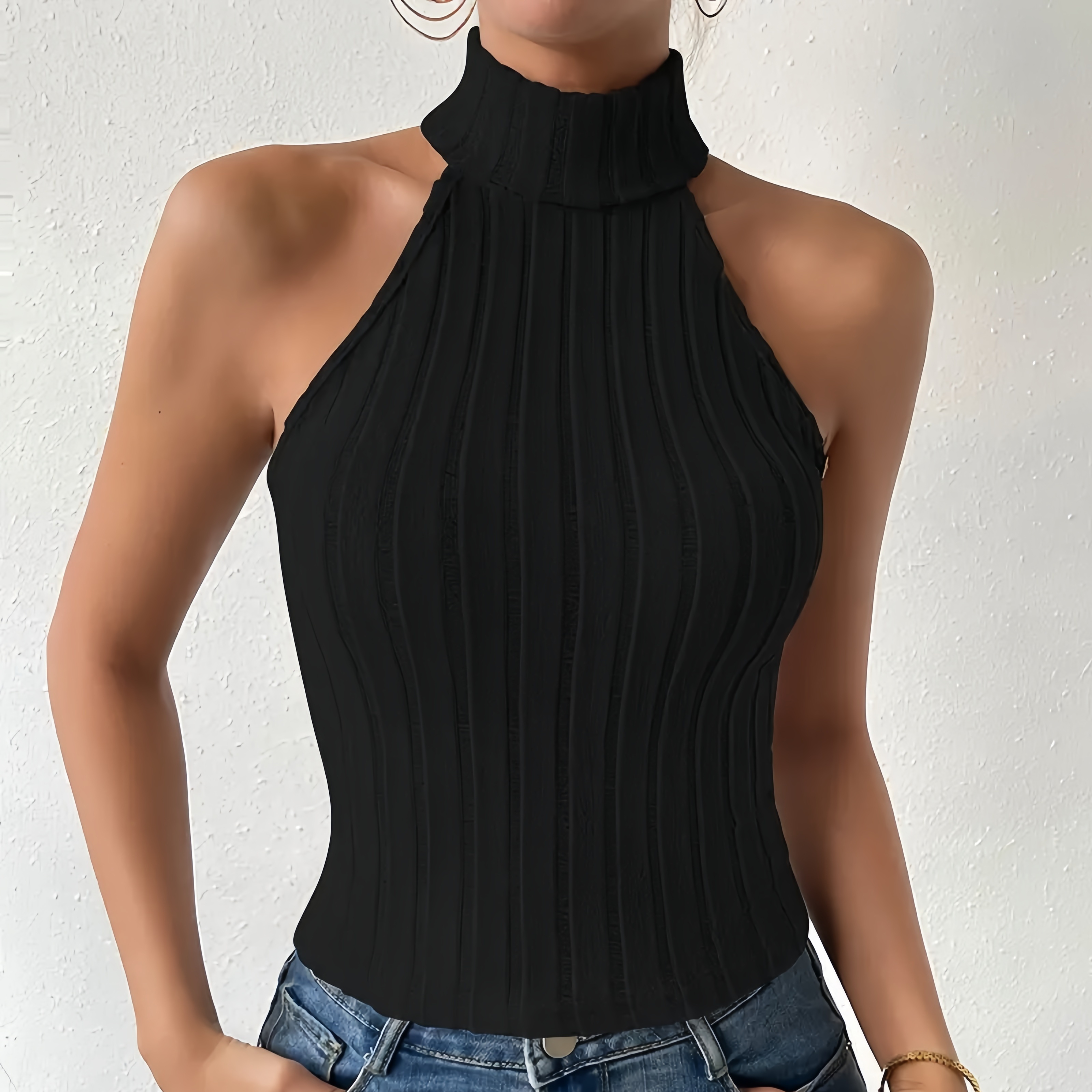 

Chic Ribbed Halter Neck Top For Women - Sleeveless, Stretchy Polyester, Machine Washable - Spring/summer