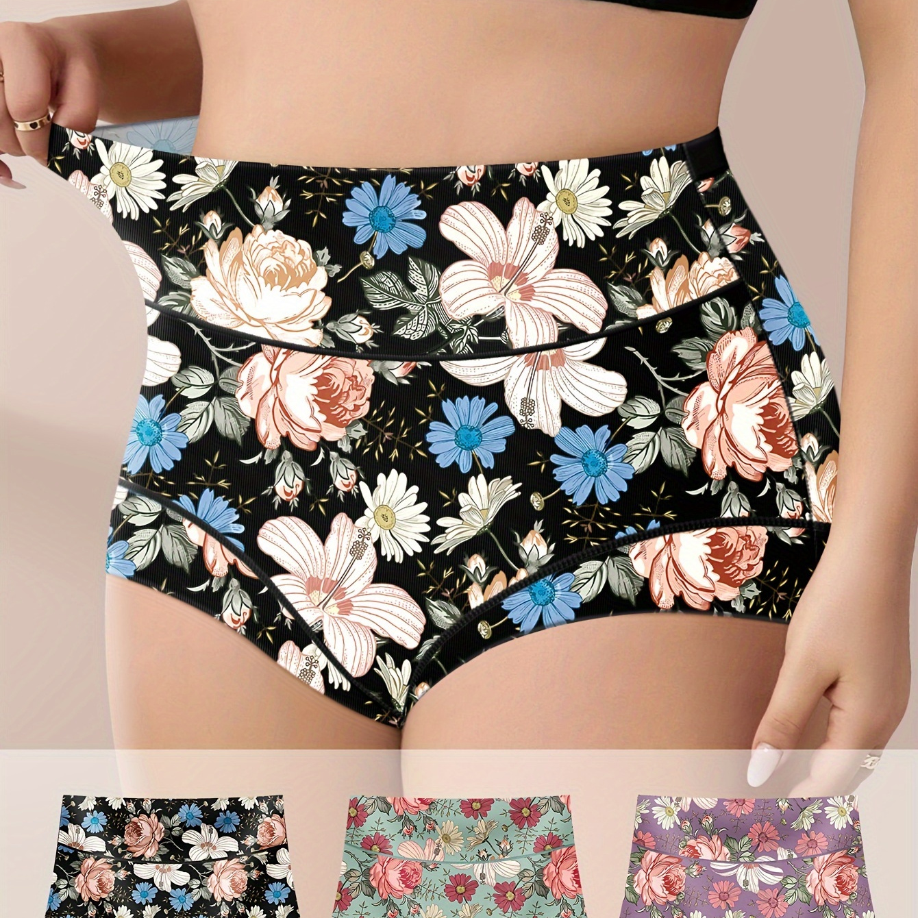 

3-pack Miotan Plus Size High-waisted Underwear For Women, Elegant Floral Print, Tummy Control, Butt Lifting, Knit Polyester Fabric, Medium Stretch Fit