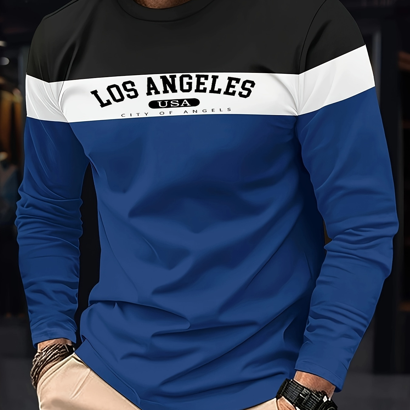 

Men's Casual Sports T-shirt With Random Print, Long Sleeve, 100% Polyester, Fit - Ideal For Spring And Autumn, Los Angeles, Regular Style