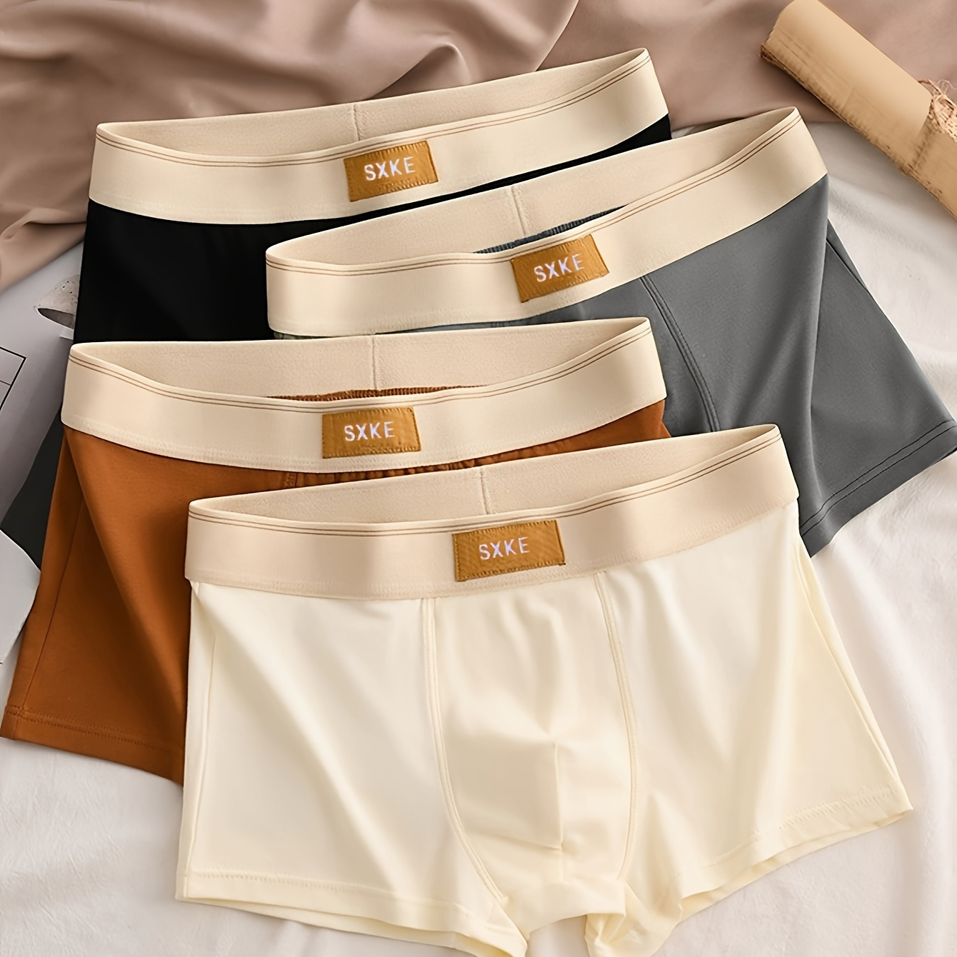 

4pcs Men's Panties Cotton - Breathable Antibacterial Crotch Youth Plus Size - Contrast Belt Boxer Pants - Men's Loose Boxer Shorts