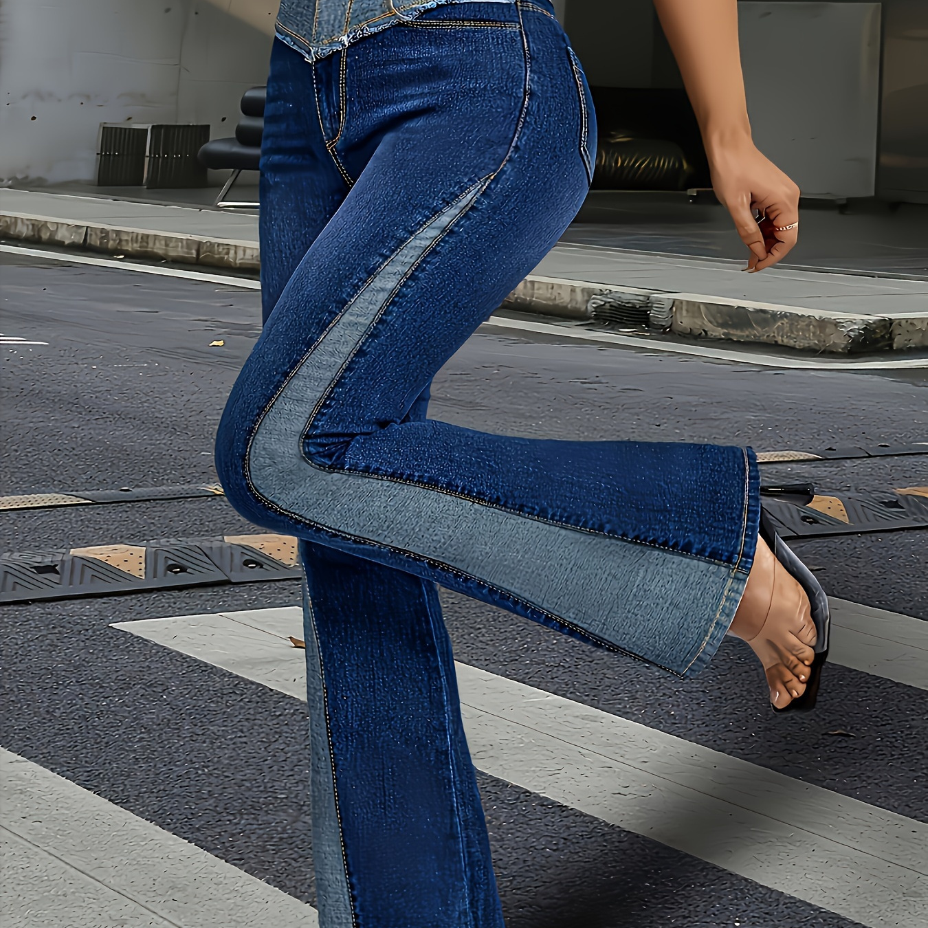 

Women's Plus Size High Waist Colorblock Flared Leg Jeans, Slim Fit Denim Bottoms, Casual Style Stretchy Jean Trousers For Ladies For Autumn