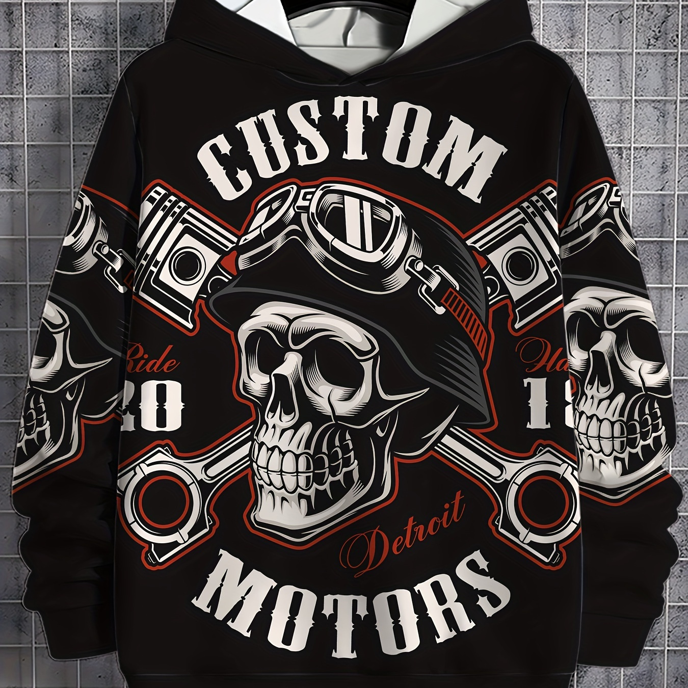 

Men's Casual Skull & Motors Graphic Hoodie - Soft Polyester, Long Sleeve, Black With Detroit Skull Print, Machine Washable, Outdoor , Clothing|bold Print Hoodie|polyester Hoodie