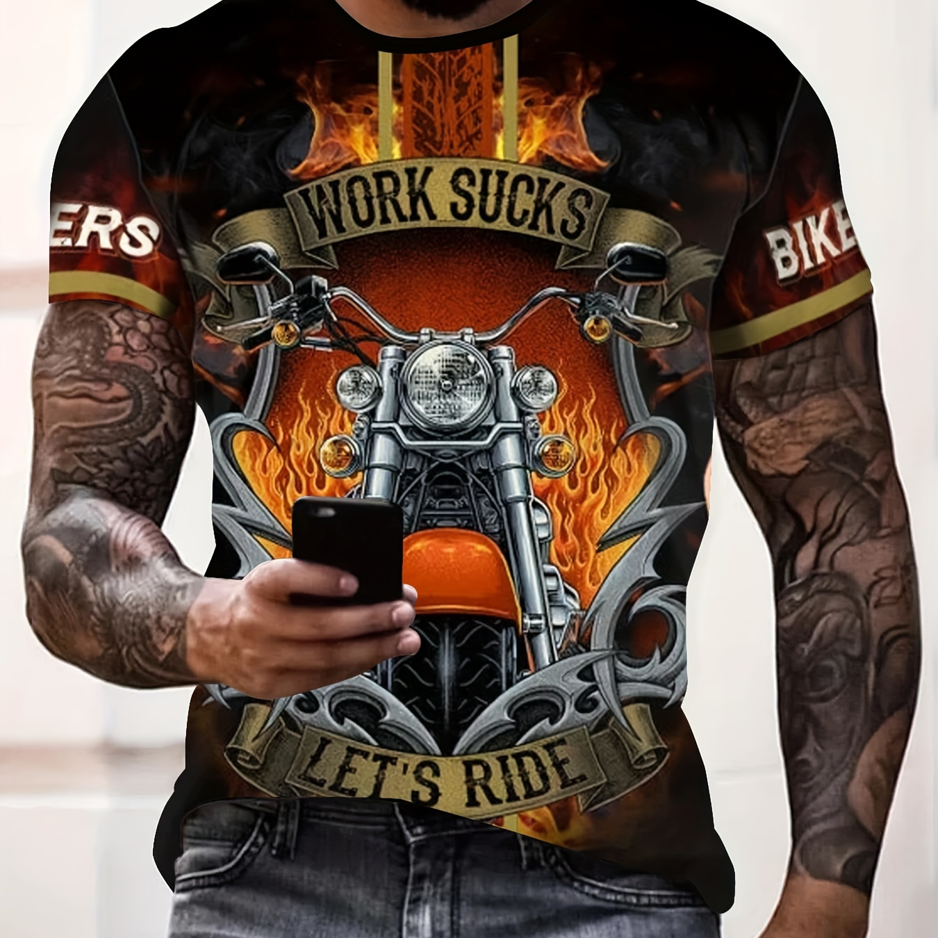 

Motorcycle 3d Print Men's Street Style Short Sleeve Crew Neck T-shirt, Summer Outdoor