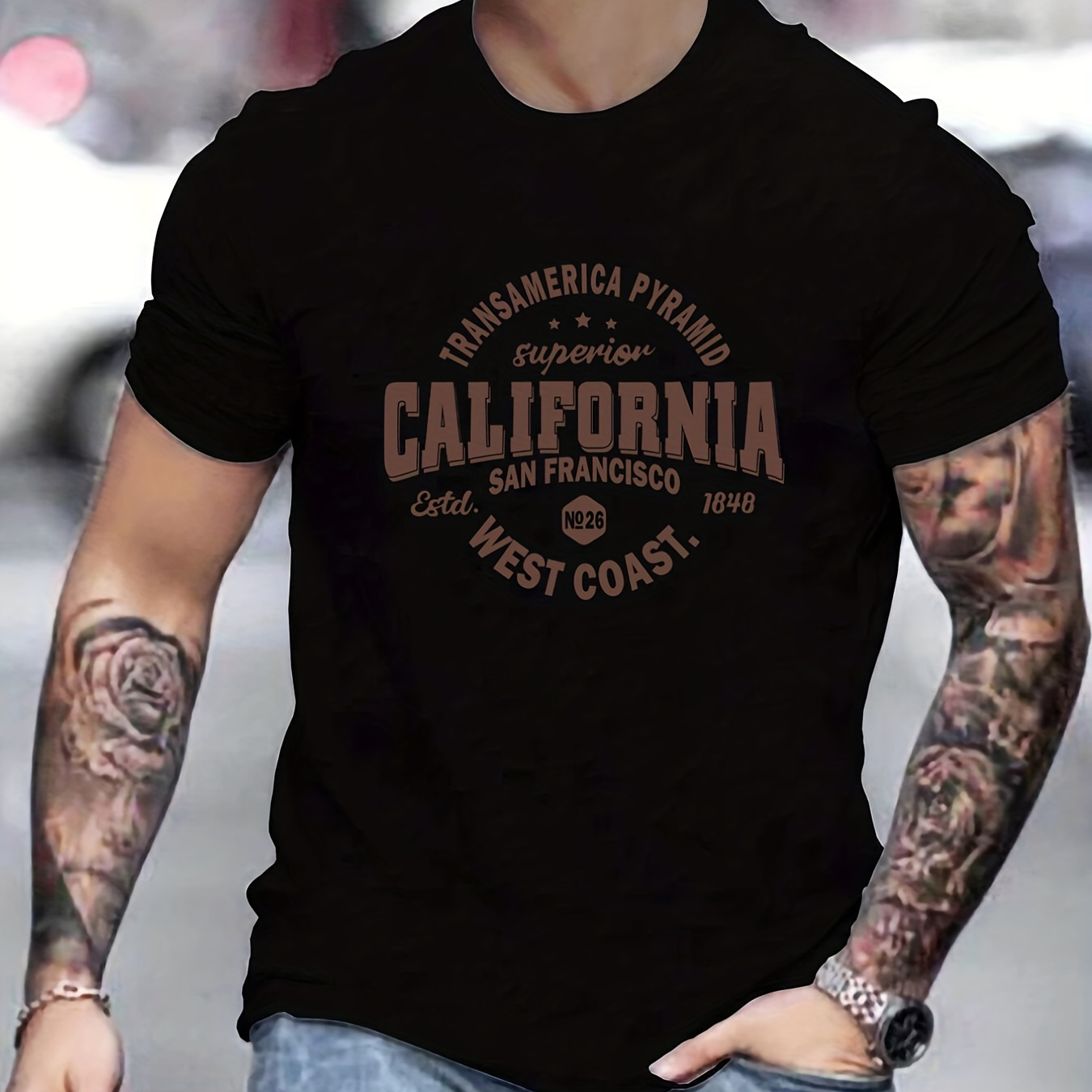 

Mens Casual California West Coast Slightly Stretch Crew Neck Short Sleeve T Shirt, Male Clothes For Summer