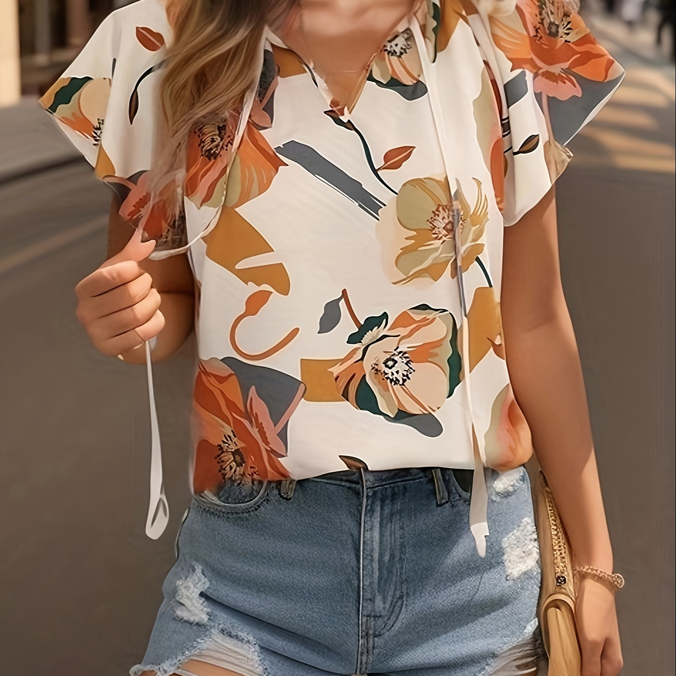 Full Printed High Neck Blouse, Casual Short Sleeve Tie Back Blouse, Women's  Clothing