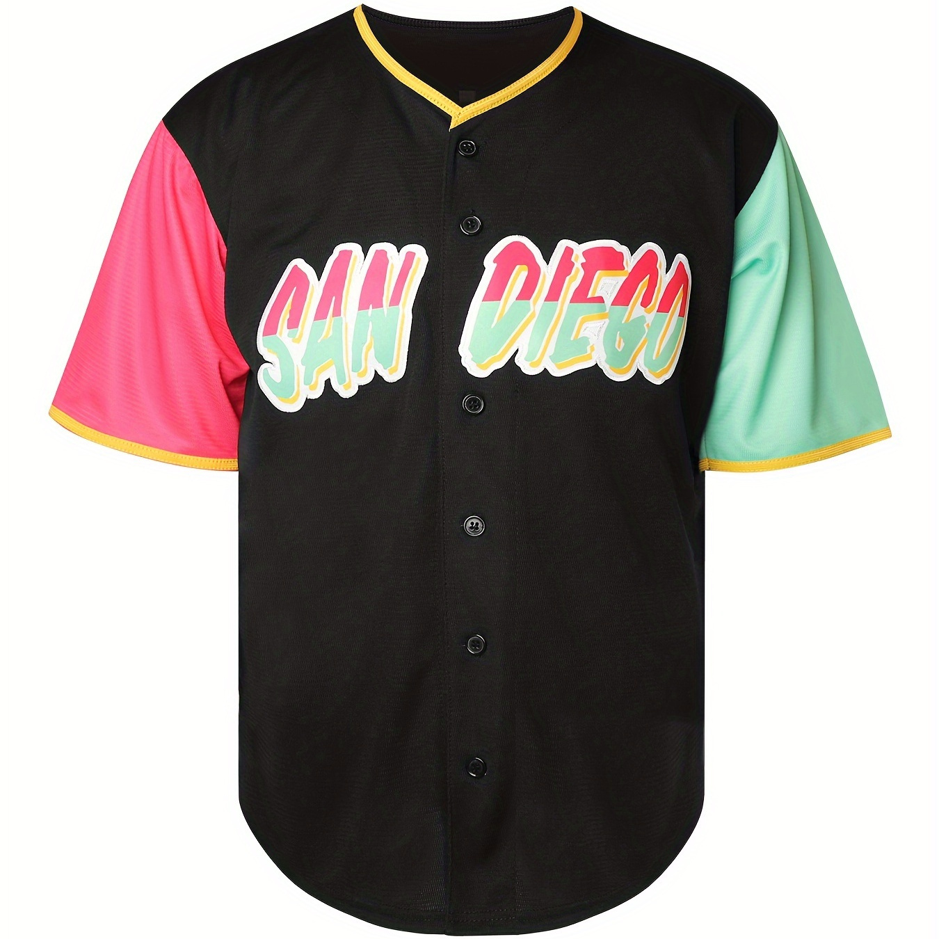 

Men's San Diego Embroidery Trendy Color Block Short Sleeve V-neck Loose Button Up Sports Shirt, Men's Summer Baseball Jersey