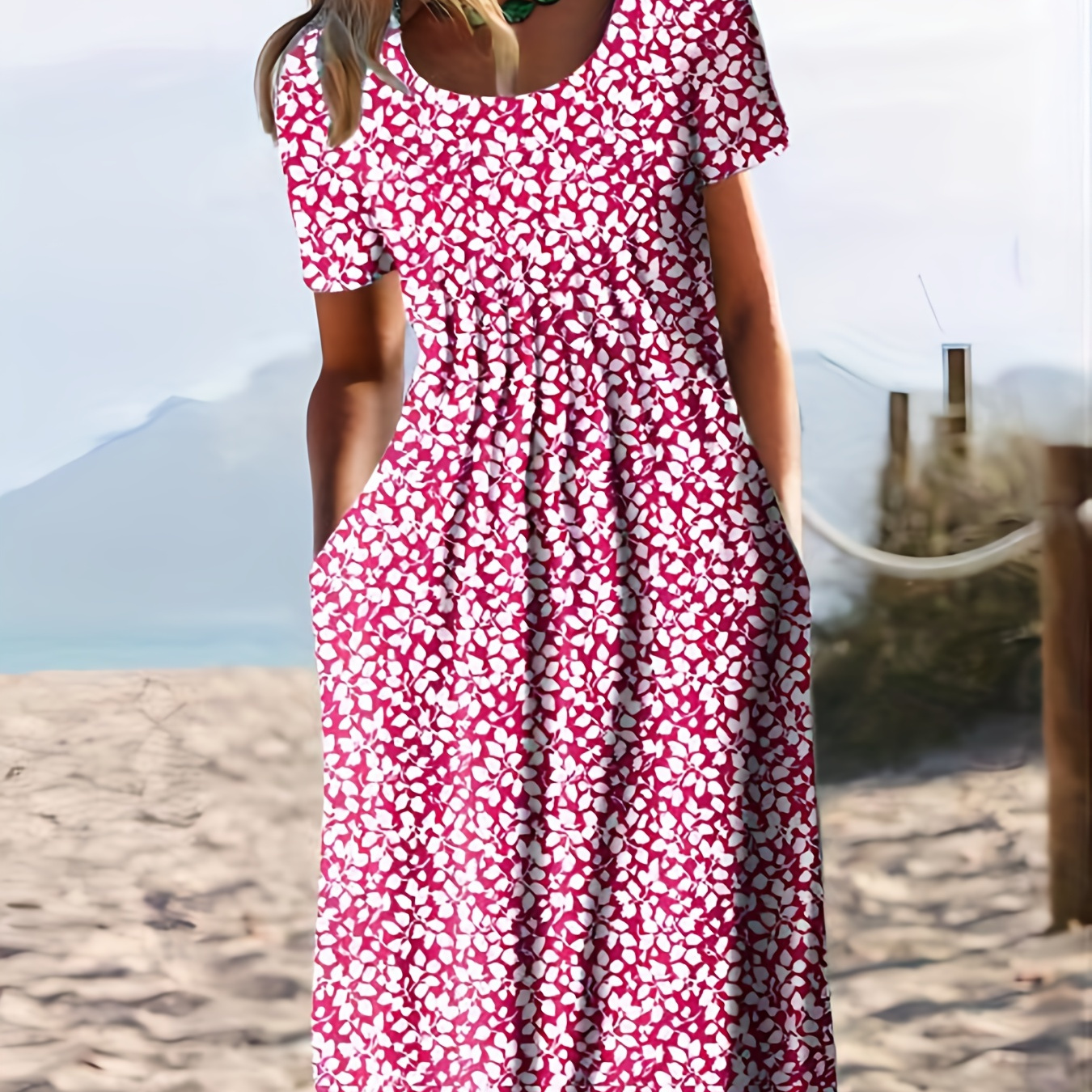 Elegant Floral Print Dress Crew Neck Short Sleeve Dress - Temu