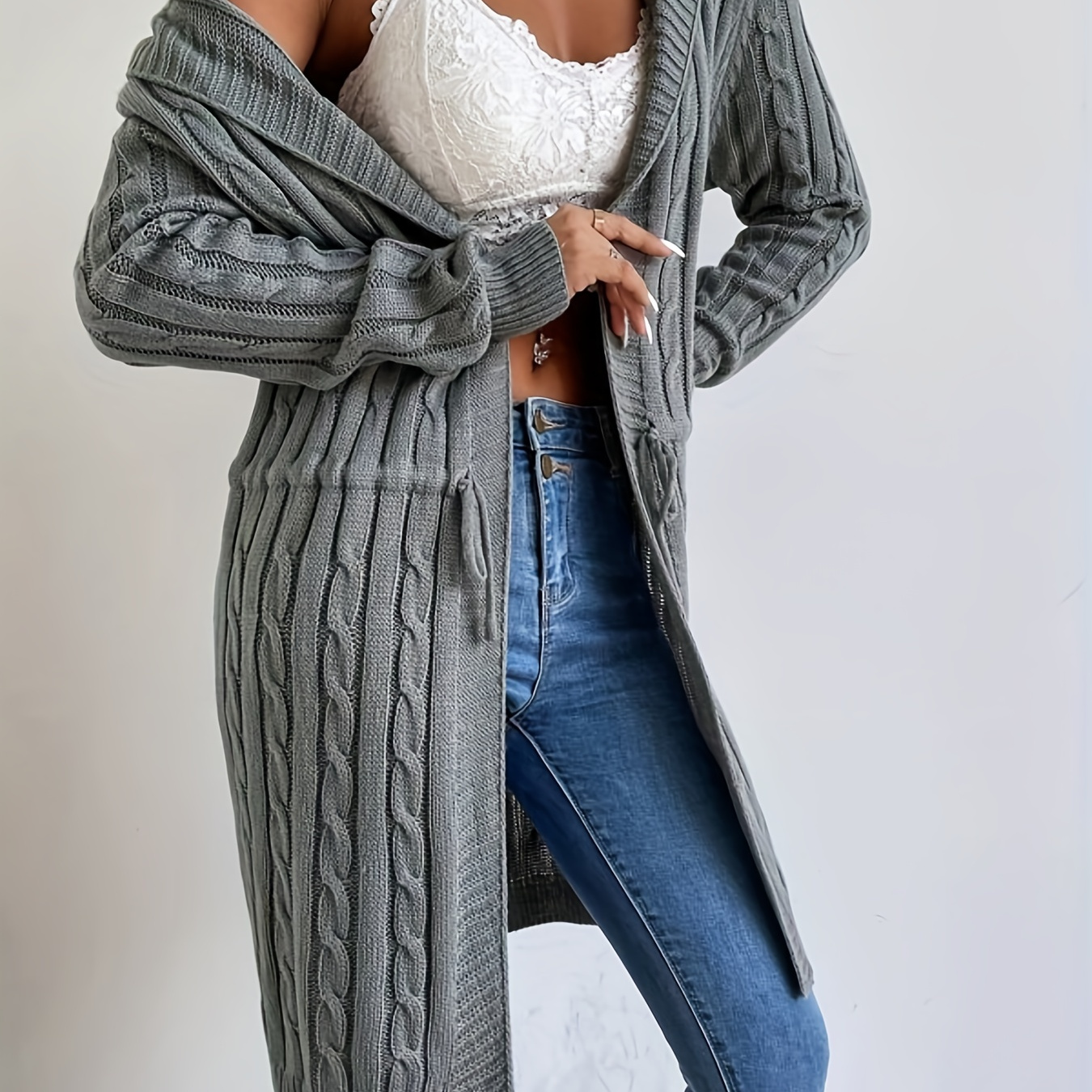 

Solid Drawstring Waist Hooded Cardigan, Casual Open Front Long Sleeve Cardigan, Women's Clothing